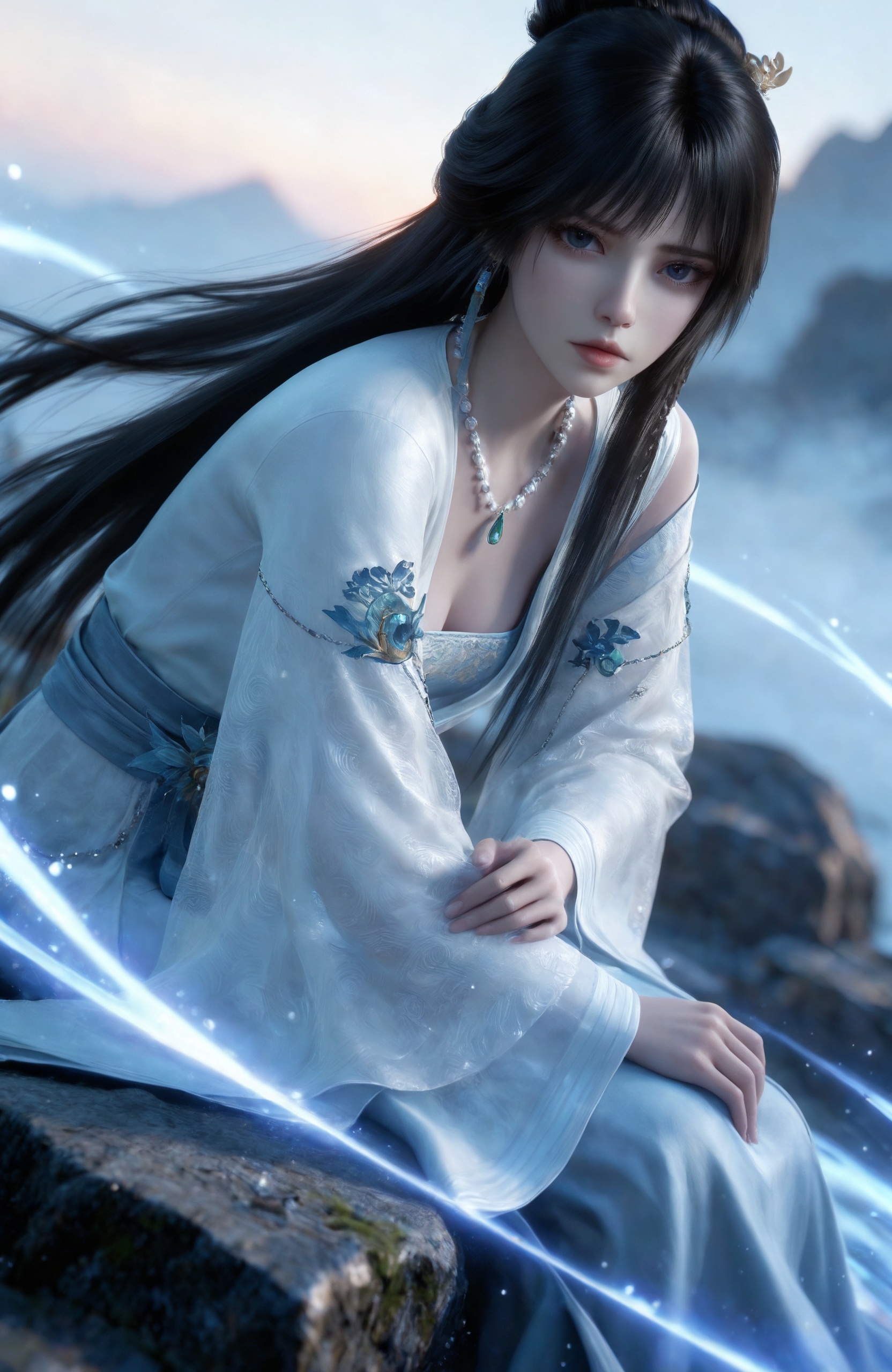 <lora:仙逆-千琴IL:0.7> 1girl,long,straight black hair,bangs,small hair accessories,hairpin,necklace,flowing,semi-transparent,light blue dres,wide,flowing sleeves,high slit on left side,light blue shoes,, realistic style photo,outstanding style,Use soft lighting to cast gentle shadows on the subject,adding a touch of dimension to your images without compromising details,whirls of vapor,(Anime:1.1),soft neon light,ethereal ambiance,delicate details,magical atmosphere,concept art,highly detailed,ultra-high resolution,32K UHD,sharp focus,best-quality,masterpiece,golden hour,unconventional supreme masterpiece,masterful details,temperate atmosphere,with a high-end texture,in the style of fashion photography,magazine style,Dynamic Angle,Dynamic posture,magazine style,Dynamic Angle,Dynamic posture,(cowboy_shot:1.2),eye trail,depth of field,cinematic lighting,lens flare,close-up,extreme aesthetic,(wlop:0.6),(honjou raita,lack,rella,wanke:0.5),masterpiece,best quality,good quality,newest,year 2025,very aesthetic,absurdres,Visual impact,A shot with tension,ultra-high resolution,32K UHD,sharp focus,best-quality,masterpiece,Emotionalization,unconventional supreme masterpiece,masterful details,temperate atmosphere,with a high-end texture,in the style of fashion photography,(Visual impact:1.2),giving the poster a dynamic and visually striking appearance,, realistic style,white background,upper body,looking at viewer,dynamic posture,