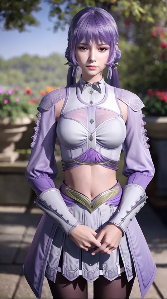 1girl,breasts,depth of field,detached sleeves,lips,long sleeves,looking at viewer,medium breasts,midriff,navel,photo \(medium\),purple hair,realistic,short hair,solo,standing,<lora:75ad986ed10c3333a5e63e61a5765f1c292d46a84f8577c485d8ef9f56e7dd1c:0.6>