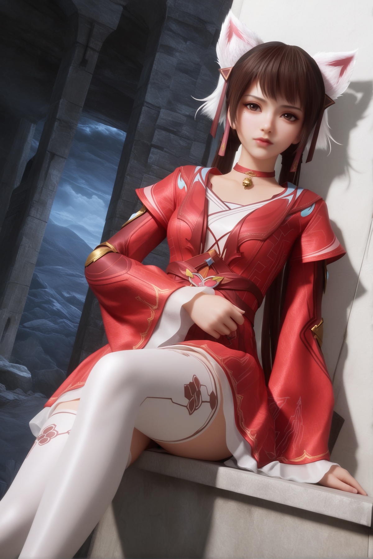 masterpiece,best quality,realistic,cinematic,detail eyes,(ultra-detailed),perfect composition,intricate details,absurdres,detailed face,high quality,high res,8K,<lora:X_jiangque_IL4.0:0.8>,thighhighs,animal ears,cat ears,choker,solo,bell,twintails,long hair,white thighhighs,red dress,brown hair,puffy sleeves,long sleeves,1girl,long hair,breast,medium breast,hair_ornament,dress,brown eyes,sitting,white wall,