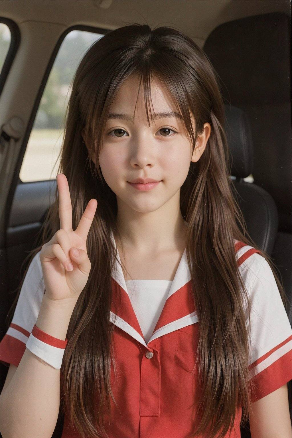 Photograph of an Asian woman with long brown hair in pigtails,  wearing a sailor-style school uniform with red accents,  s...