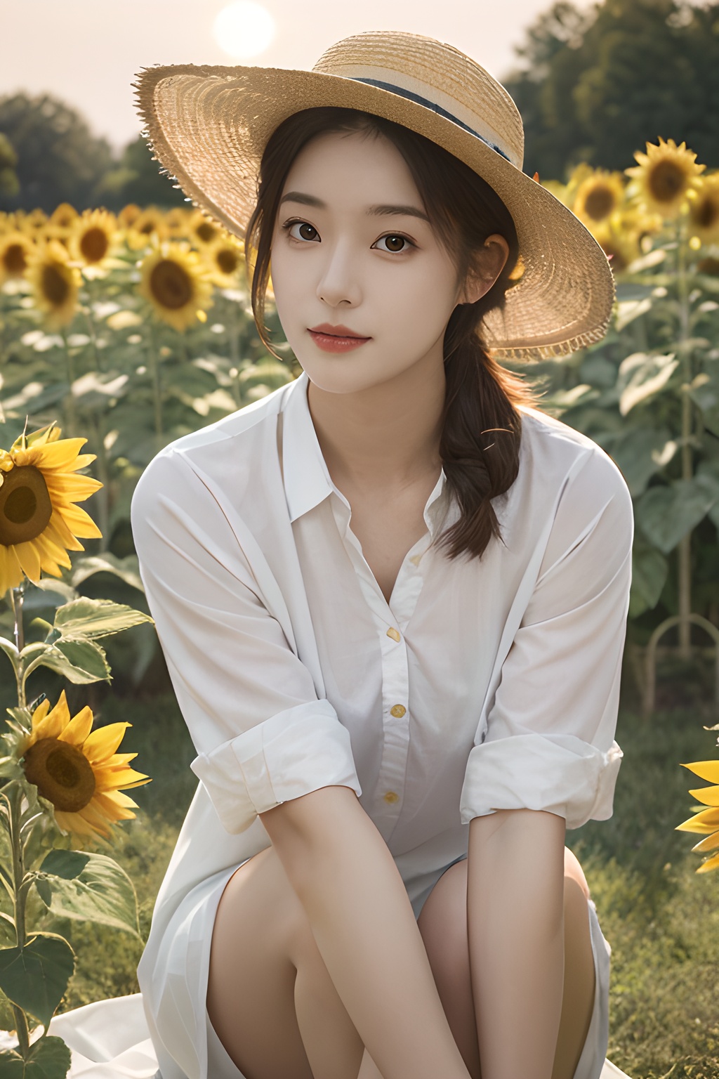 <lora:0805_07:0.7>, <lora:SDXLrender_v2.0:0.8>,a girl with a sun hat, sitting in a field of sunflowers, bathed in the golden glow of sunset, warm hues, peaceful ambiance, natural beauty.korean girl,black hair,, 1girl,realistic,masterpiece, best quality, photorealistic, HDR,detail