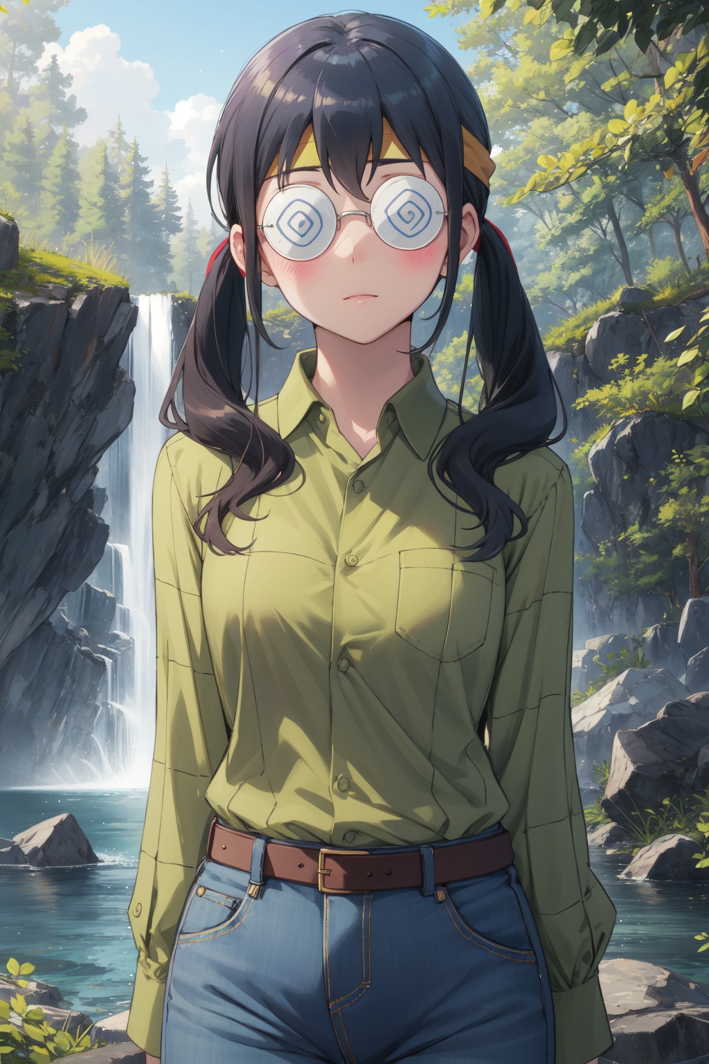 <lora:Saori-000014:0.8>,Saori cyql,1girl,looking at viewer,solo,twintails,black hair,long hair,headband,glasses,@_@,round eyewear,coke-bottle glasses,shirt,collared shirt,green shirt,long sleeves,belt,pants,blush,blue pants,denim,buttons,crazy_smile,full_shot,beautiful face,beautiful eyes,glossy skin,shiny skin,Waterfall, Forest, Rocks, Mist, Trees, River, Rainbow, Serenity,(Sunflowers, Bees, Rustling stalks, Sunshine, Yellow hues, Summer heat:0.5),beautiful detailed sky,beautiful detailed glow,posing in front of a colorful and dynamic background,masterpiece,best quality,beautiful and aesthetic,contrapposto,female focus,wallpaper,fashion,