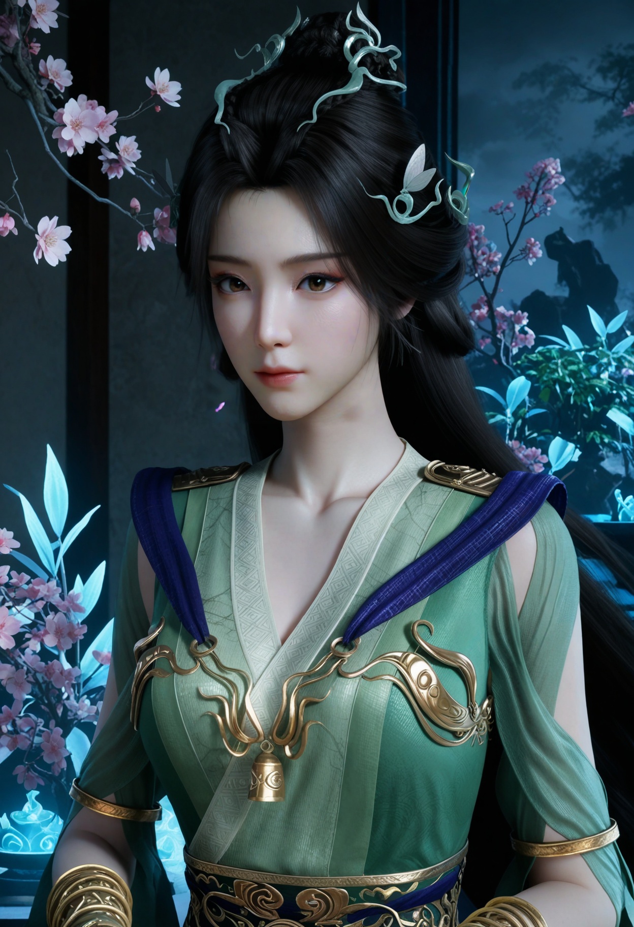 (looking at viewer:1.1),upper body,(Dark room:1.3),(moody lighting:1.1),peach blossom,falling petals,(large breasts:0.8),hanyunzhi,1girl,solo,black hair,long hair,hair ornament,green dress,realistic,dress,closed mouth,jewelry,bracelet,chinese clothes,sash,brown eyes,hair bun BREAK masterpiece,(best quality),(intricate details:0.9),(realistic skin:1.2),<lora:QQSillhanyunzhiV1:0.8>,