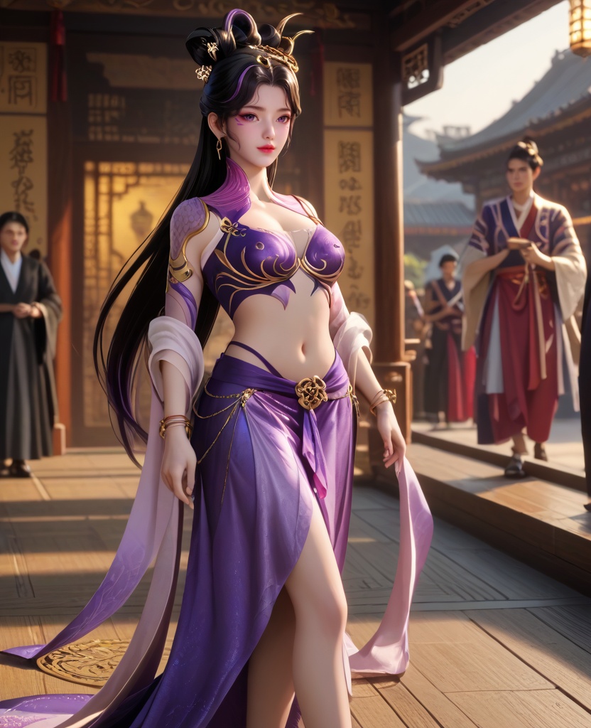 (oriental architecture, elegant decor, sophisticated style:1.1),(Walking along a path, holding a map, showing a sense of adventure and exploration,:1.1),(breasts:1.2),<lora:XL16牧神记付磬允:0.95>,miss fuqingyun,purple belly dance bra,purple tiered high-low skirt with train,purple eyes,facial mark,black hair,streaked hair,looped bun with tresses,very long hair,hair ornament,jewelry,hagoromo,bracelet,, score_9,score_8_up,score_7_up,score_6_up,score_5_up,score_4_up,3d rendering,tag1,tag2, Cinematic Lighting,backlighting,