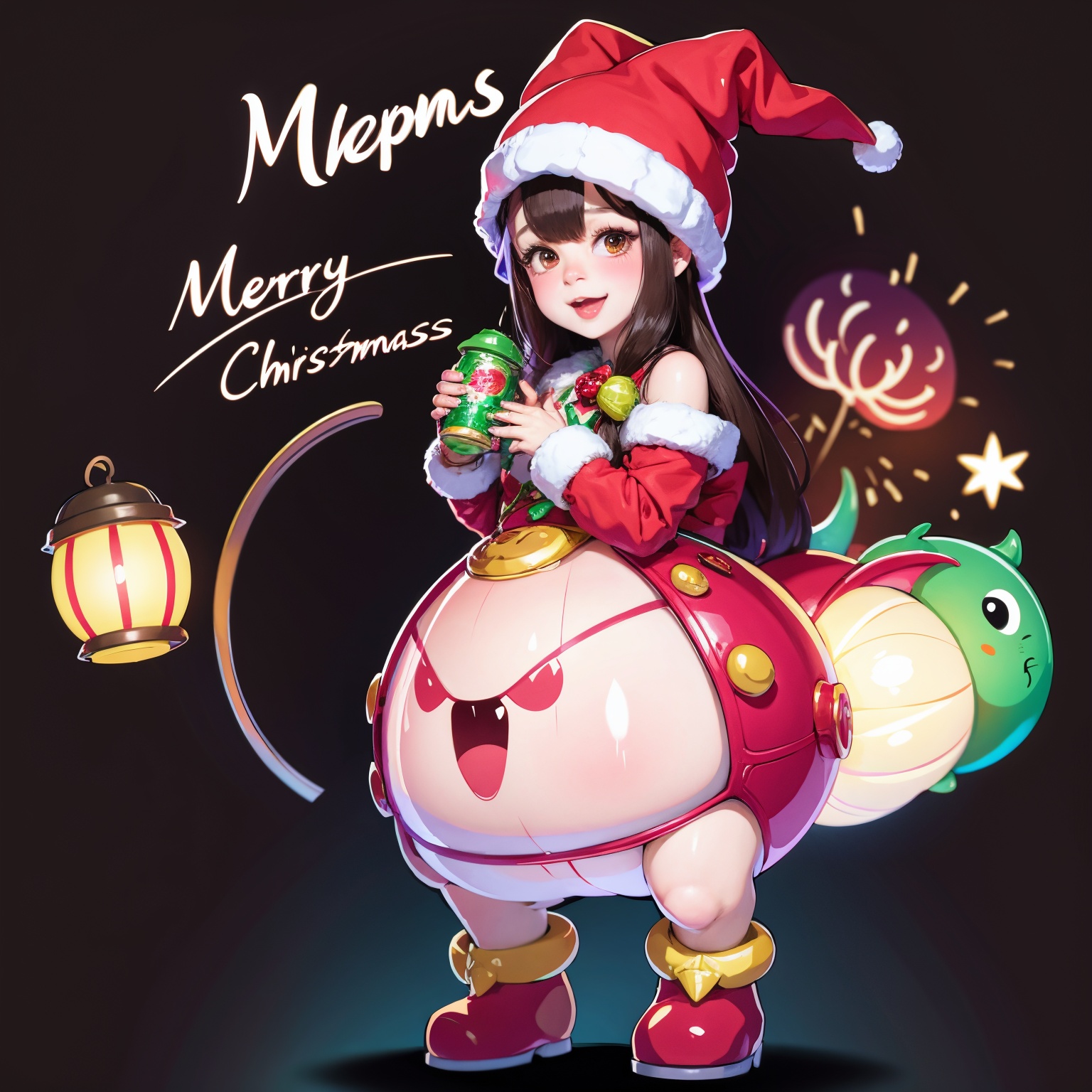 merrychristmas, <lora:merrychristmas-000021:0.8>bubble  bobble, rabbit, dragon's hat, dragon's skin, fireworks, open mouth, solo, no humans, smile, black eyes, standing, black background, blush, lantern, aerial fireworks, full body 
