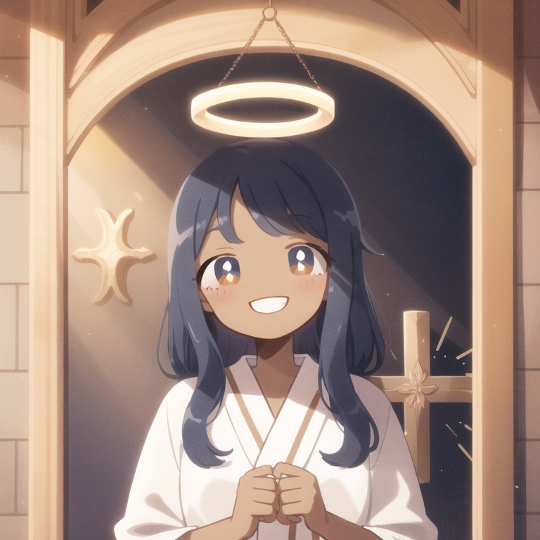 <lora:keke-strong:1>, masterpiece, best quality, bright playful eyes, detailed pupils, god rays, sunbeam, inside a church, smiling, big smile, 1girl, solo focus, (Angel:1.2), halo, aura, magic, Yellow Eyes, (Dark Skinned Female:1.2), Long Religious Robes, Latin Cross, (Very Long Hair, Double Bun, Single-color Hair, Blue Hair:0.8)