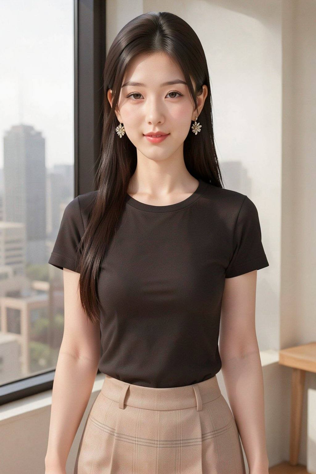 This is a high-resolution photograph of an East Asian woman with fair skin and long,  straight,  dark brown hair tied back...