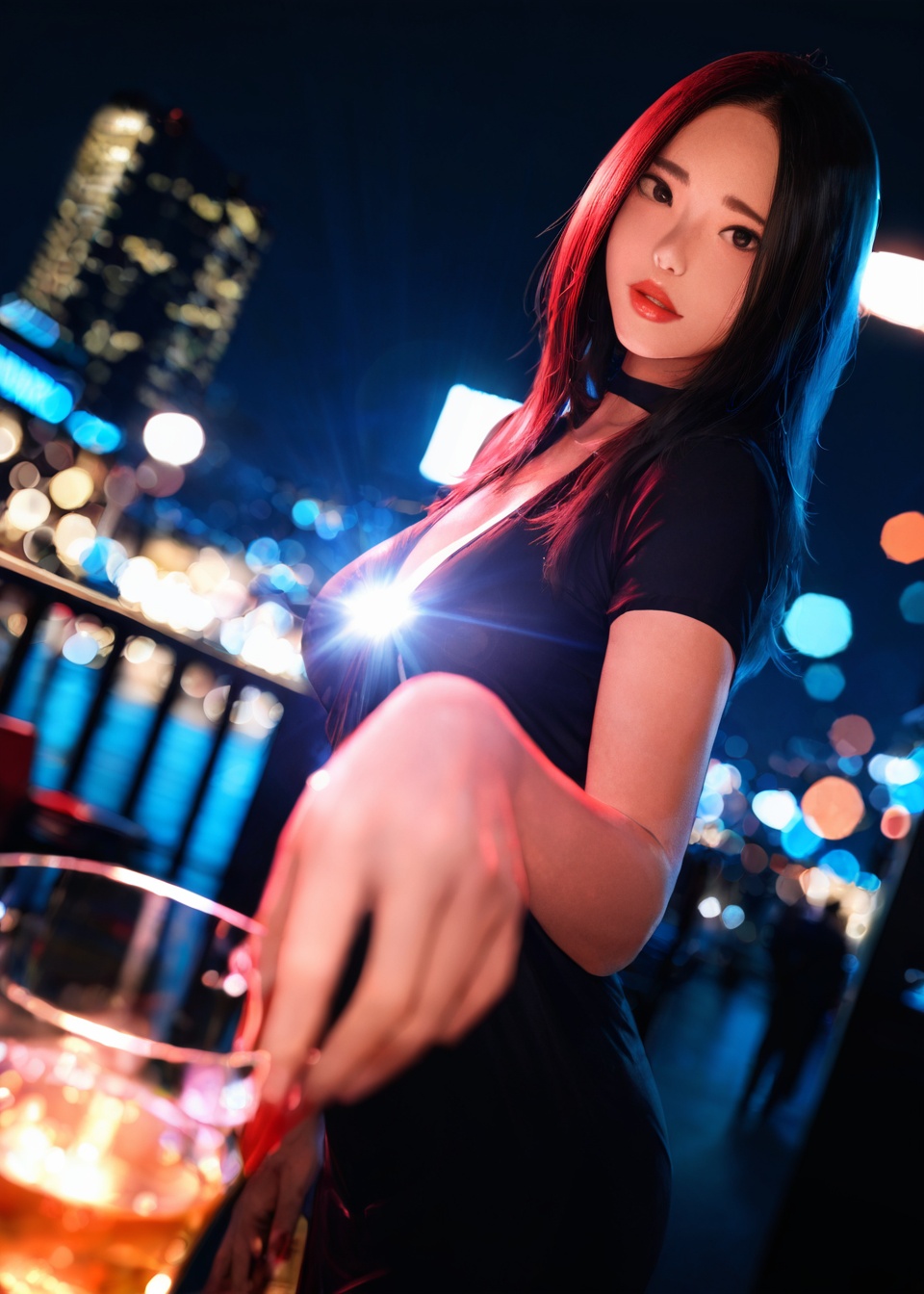 Masterpiece,(Best Quality),incredibly absurdres,1girl,Night,Bar,Blue and red light,John Woo Movies,depth of field,lens_flare,bokeh,dutch angle,foreshortening,bust,black dress,pick up glass,