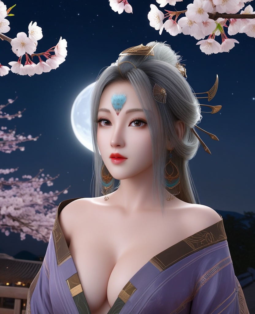 <lora:571-DA-XL-眷思量-奉眠:0.8>(,1girl, ,best quality, ),looking at viewer,masterpiece,(( , )),, realistic,science fiction,mole,,ultra realistic 8k cg,     ,cherry blossoms,,night, night sky, crescent moon, moonlight,,(facing viewer, looking at viewer, , ),  (cleavage), (),