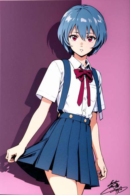 1girl, ayanami rei, solo, red eyes, short hair, school uniform, blue hair, tokyo-3 middle school uniform, signature, short sleeves, hair between eyes, suspender skirt, purple background, bangs, purple theme, shirt, cowboy shot, looking to the side, skirt, white shirt, looking at viewer, parted lips, suspenders,<lora:Kenichi Sonoda:0.8>,