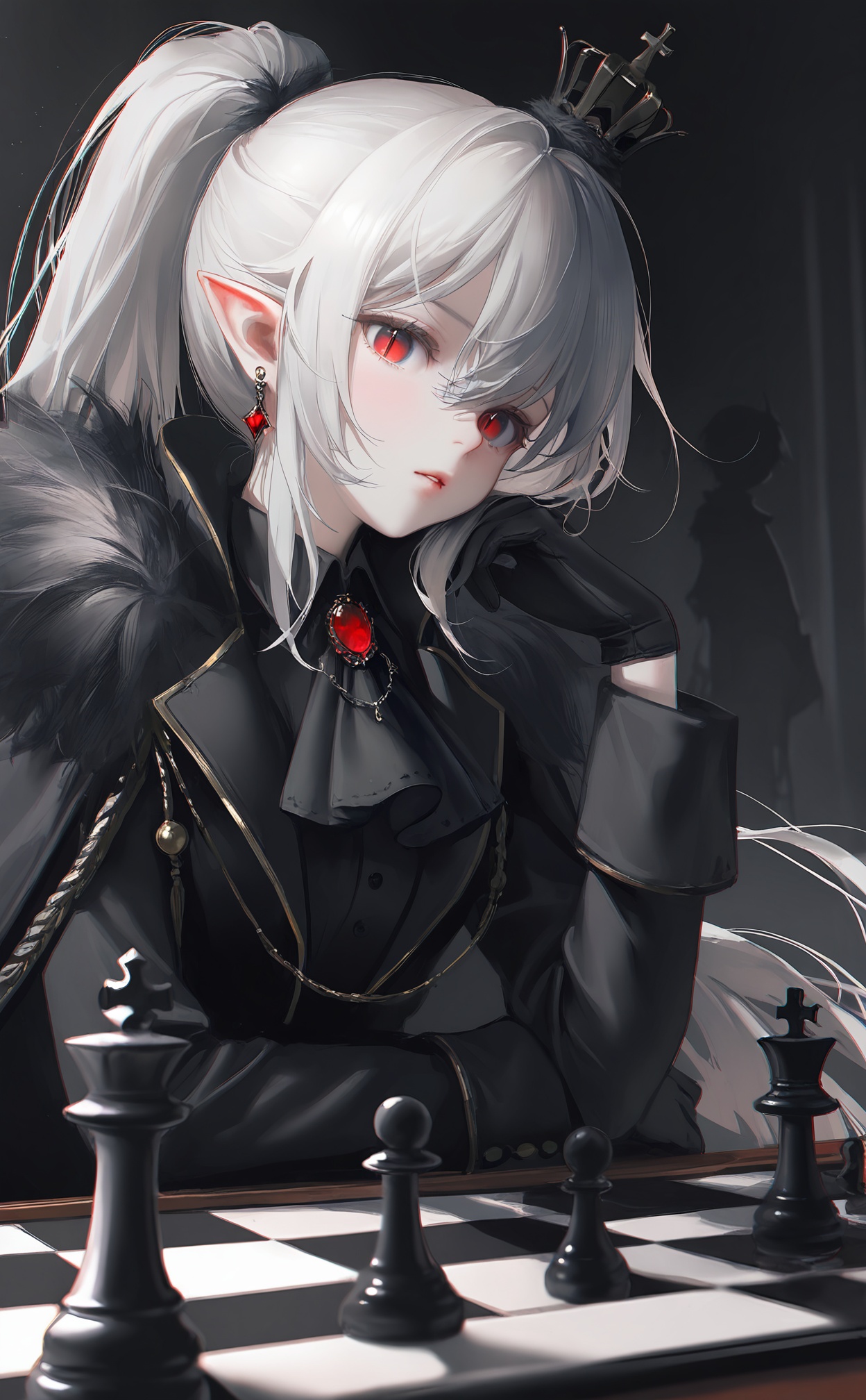 masterpiece,absurdres,best quality,(high quality:0.9),chromatic_aberration,Night,darkness,black theme,shy,embarrass,endured_face,//,chess piece, chessboard, 1girl, black gloves, gloves, solo, chess, crown, red eyes, long hair, white hair, pointy ears, board game, sitting, long sleeves, pawn (chess), black jacket, jewelry, king (chess), looking at viewer, hand on own face, black ascot, jacket, head rest, closed mouth, black shirt, slit pupils, ear piercing, upper body, ascot, shirt, knight (chess), queen (chess), piercing, fur trim, chair, hand on own cheek, rook (chess), collared shirt, on chair, expressionless, brooch, hair between eyes, red gemstone, ponytail, earrings, sidelocks, mini crown, blurry, vampire, parted lips, throne, pale skin, very long hair//,(monochrome:1.2),(silhouette:1.2),oil painting \(medium\),brushstroke,taitai,(maccha (mochancc):0.6),(suzumi (ccroquette):0.7),(wlop:0.6),(reoen:0.6),(tianliang duohe fangdongye:0.7),(rhasta:0.6),very awa,very aesthetic,extreme aesthetic,//,highres,HDR,8K,high contrast,illustration,depth of field,(colorful),Tyndall effect,contrast,lens flare,