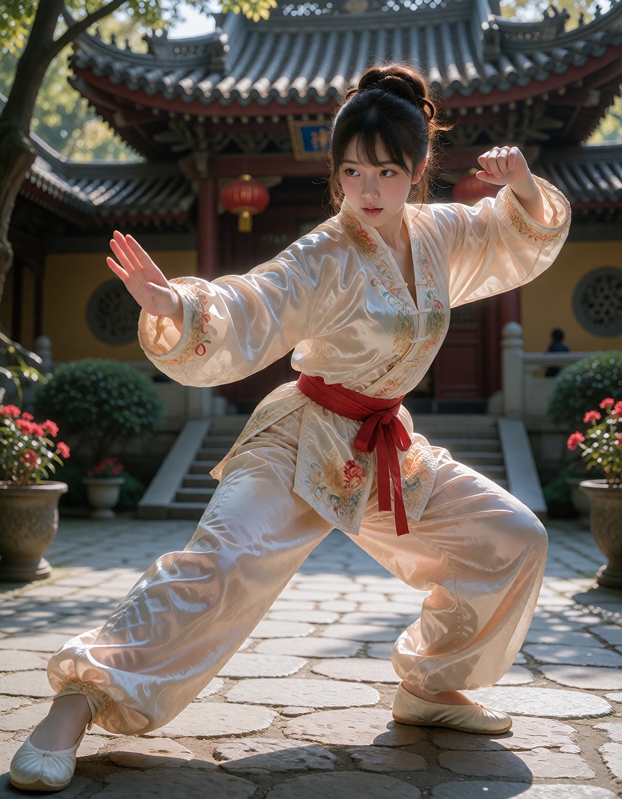 A woman with brown hair and brown eyes.,  She is wearing a She is wearing a Tang suit,  kung fu pants on Tensor.Art