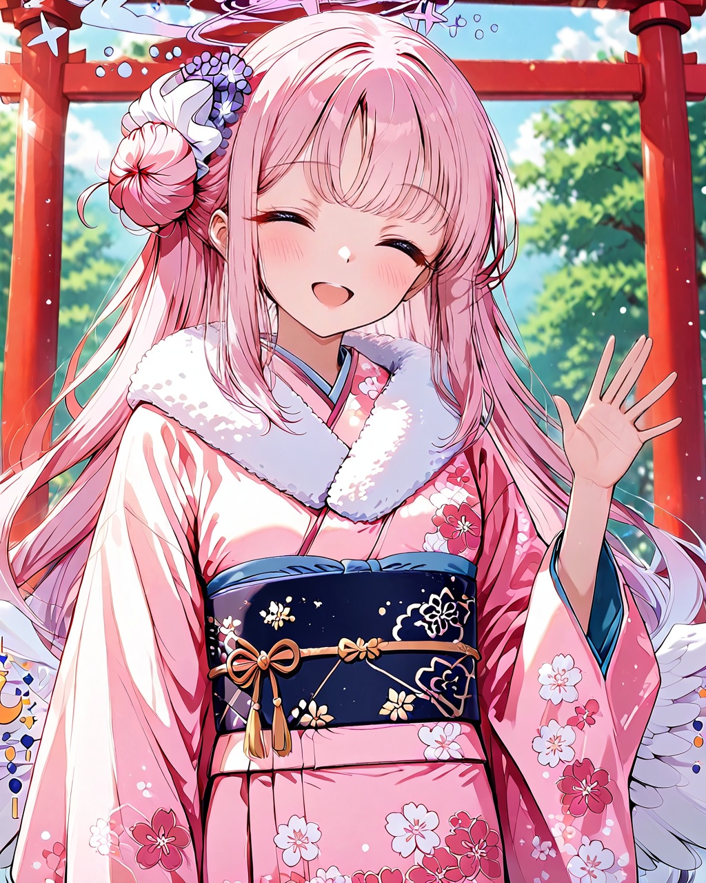 mika (blue archive),O,(Five fingers1.3),mika (blue archive),1girl,japanese clothes,kimono,solo,sash,wings,hair bun,long hair,closed eyes,smile,hair ornament,obi,single side bun,floral print,flower,hair flower,torii,low wings,pink kimono,white wings,feathered wings,blush,waving,open mouth,wide sleeves,:d,bangs,^ ^,long sleeves,outdoors,print kimono,very long hair,hand up,angel wings,crescent,sidelocks,multicolored hair,single hair bun,facing viewer,blurry,fur trim,blurry background,looking at viewer,fur collar,scrunchie,gradient hair,day,(UHD),anatomically correct,accurate,textured skin,super detail,high details,award winning,best quality,high quality,retinal,HD,16k,1080P,
