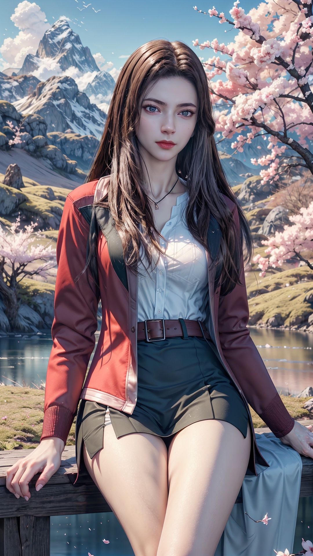 masterpiece,best quality,official art,extremely detailed CG unity 8k wallpaper,realistic,light rays,light particles,1girl,solo,brown_hair,lipstick,red_jacket,long_hair,skirt,lips,black pencil_skirt,red_lips,jacket,looking_at_viewer,breasts,in a meadow,stream,mountain,cherry_blossoms,flower,outdoors,mountain,sky,<lora:【南桥】唐紫尘:0.8>,looking at viewer,cowboy shot,sitting,