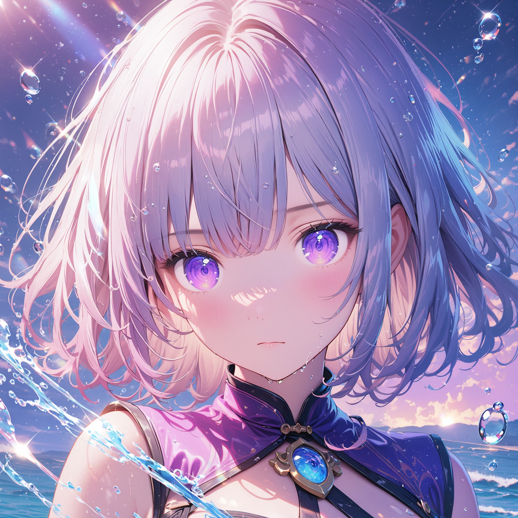 parameters: "O,(masterpiece:1,2),best quality,masterpiece,highres,original,extremely detailed wallpaper,perfect lighting,(extremely detailed CG:1.2),light_line,water,water drop,gorgeous,multiple_colors,sunlight,galaxy,realistic,1girl,upper body,blue eyes,purple eyes,multiple_colors_eyes,+ +,closed mouth,