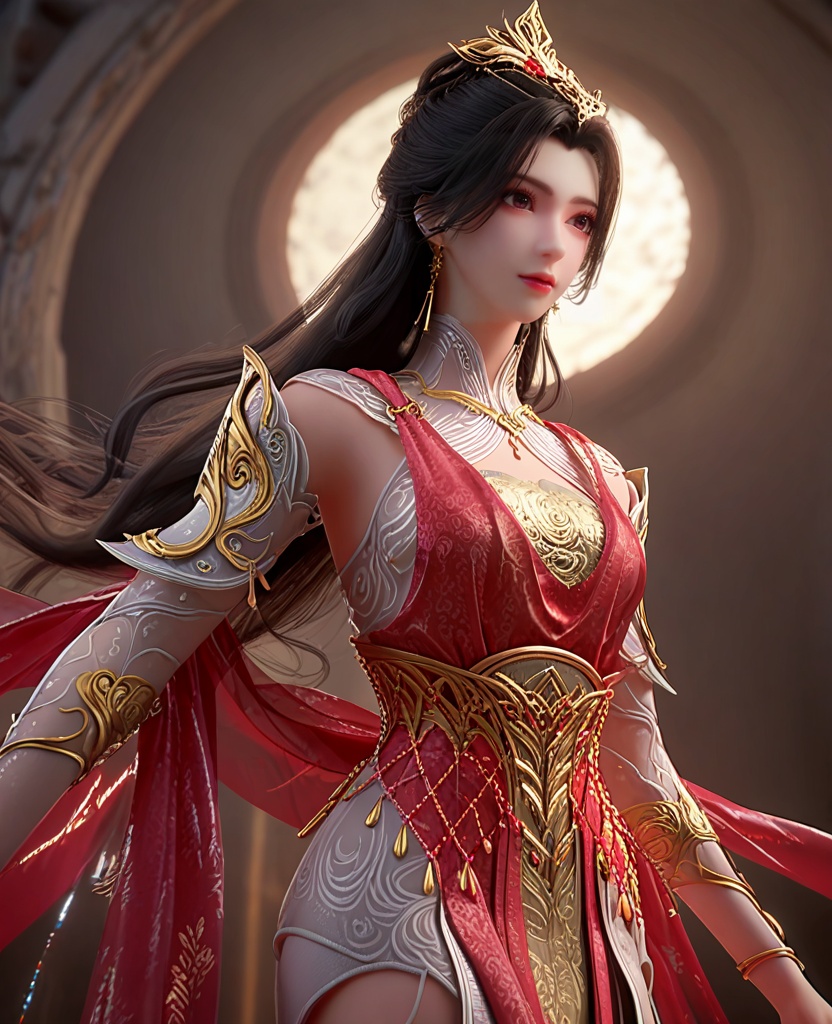 (oriental architecture, elegant decor, sophisticated style:1.1),(Standing with her dress billowing and hair flying back, she faces forward with determination, as if bracing against a strong gust:1.1),(breasts:1.2),<lora:XL长生界赵琳儿:0.95>,miss zhaoliner,red dress,golden bra,see-through sleeves,sash,see-through collar,chain ornament,shawl,pelvic curtain,purple eyes,black hair,earrings,hair ornament,long hair,jewelry,, score_9,score_8_up,score_7_up,score_6_up,score_5_up,score_4_up,3d rendering,tag1,tag2, Cinematic Lighting,backlighting,