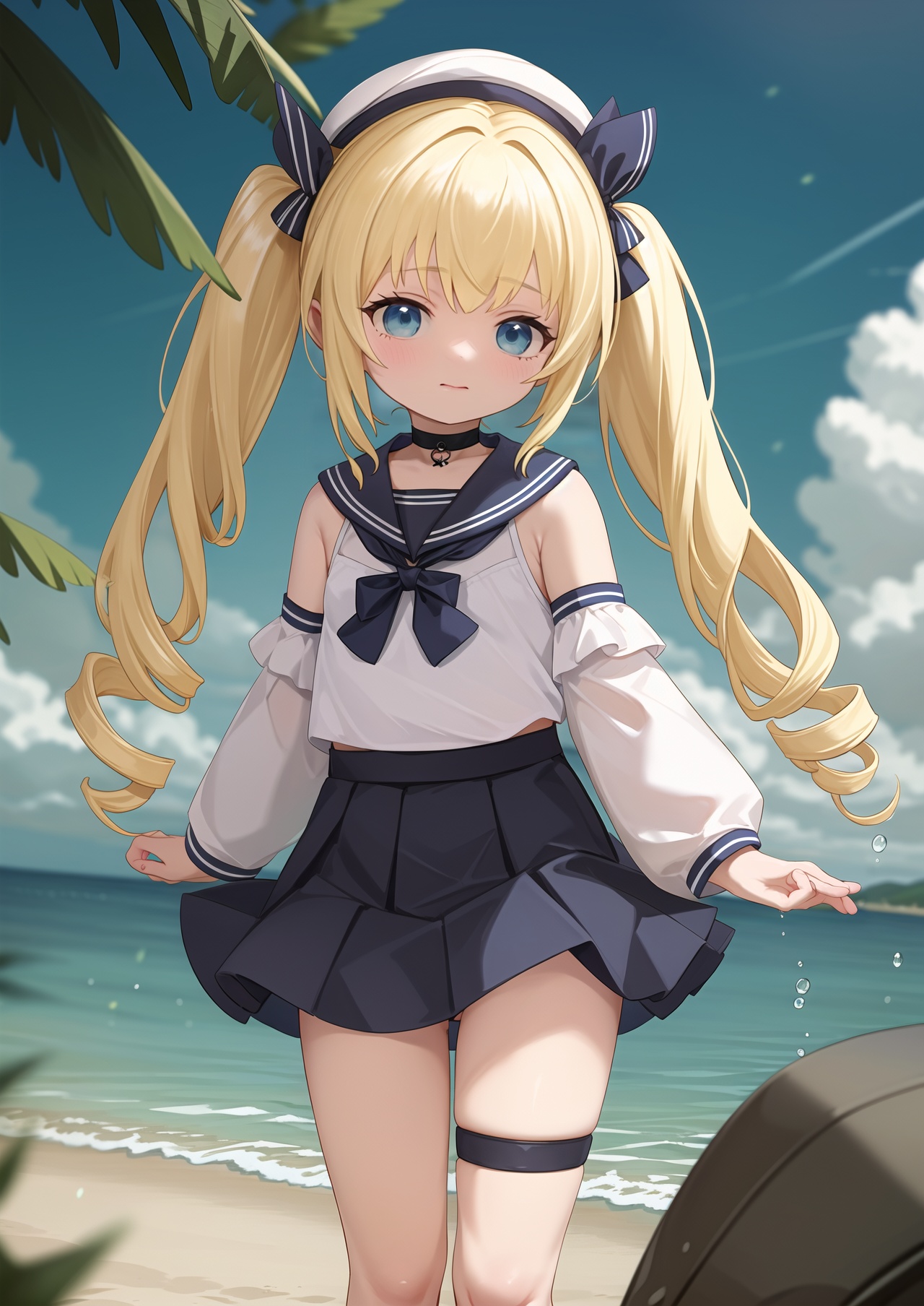 masterpiece,best quality,1girl,beach,solo,blue eyes,swimsuit,outdoors,blonde hair,hat,detached sleeves,ocean,looking at viewer,twintails,drill hair,choker,day,blurry,blue sky,sailor collar,long hair,sailor hat,sky,holding,twin drills,blurry background,long sleeves,skirt,standing,thigh strap,flower,bow,water,sidelocks,