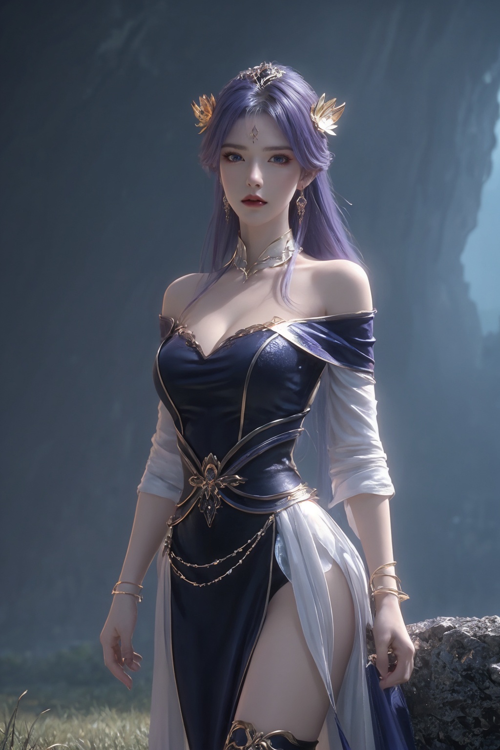 1girl, bangle, bare shoulders, blue eyes, bracelet, breasts, cleavage, dress, earrings, hair ornament, indoors, jewelry, long hair, looking at viewer, off shoulder, purple hair, solo, thighhighs cinematic view, epic sky, detailed, concept art, low angle, high detail, warm lighting, volumetric, godrays, vivid, beautiful, trending on artstation, by jordan grimmer, huge scene, grass, art greg<lora:天穹1.0:0.8>