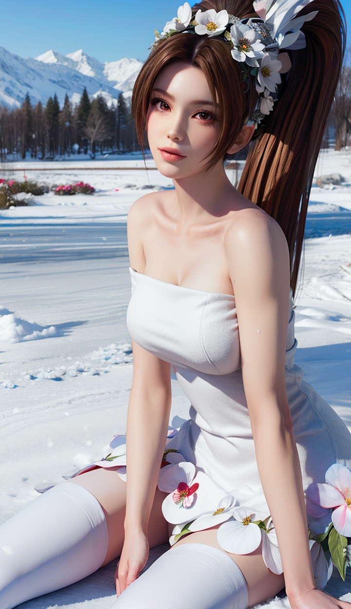 masterpiece,highres,1girl,solo,sfw,<lora:add_detail:0.3>,looking at viewer,thighhighs,((beautiful Dress+stocking):1.25),((flower headdress:1.45)),((white theme:1.5)),snow,outdoors,snowflakes,sleeveless,(3D graphics),shiranui mai,brown eyes,<lora:shiranuimai-000007:0.7>,