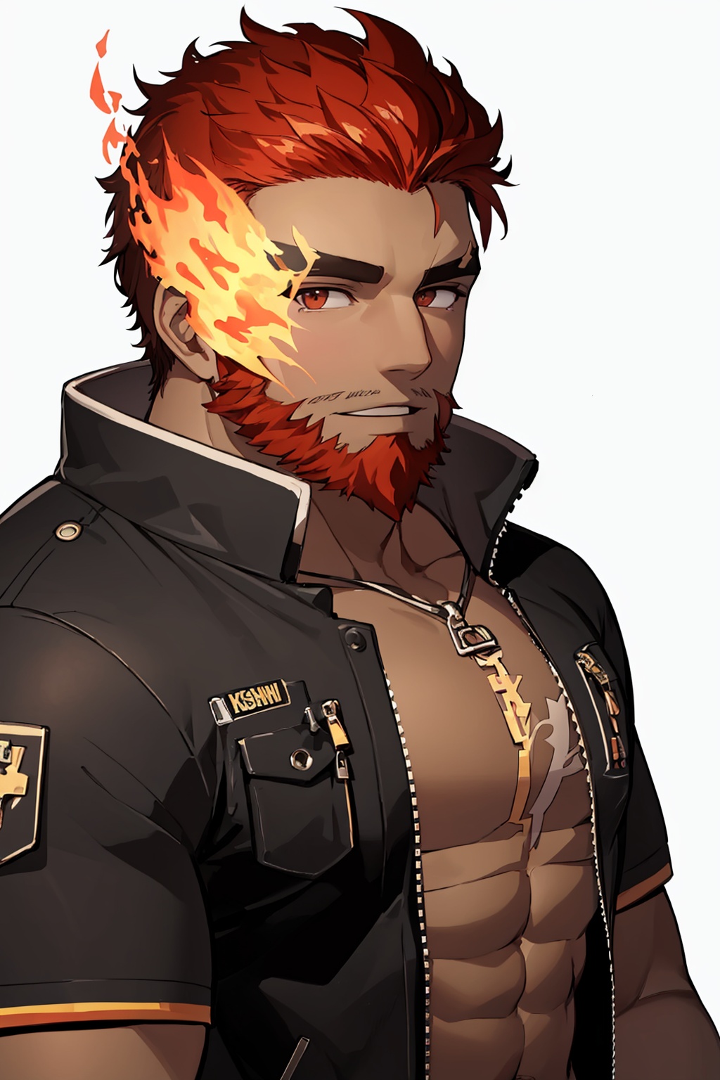 masterpiece,best quality, highly detailed, hephaestus (housamo),bara,mature male,beard,thick eyebrows,muscular male,eyebrow cut,1boy,solo,dark-skinned male,flaming eye,looking at viewer,upper body,large pectorals,<lora:hephaestus_(housamo):1>,simple background,white background