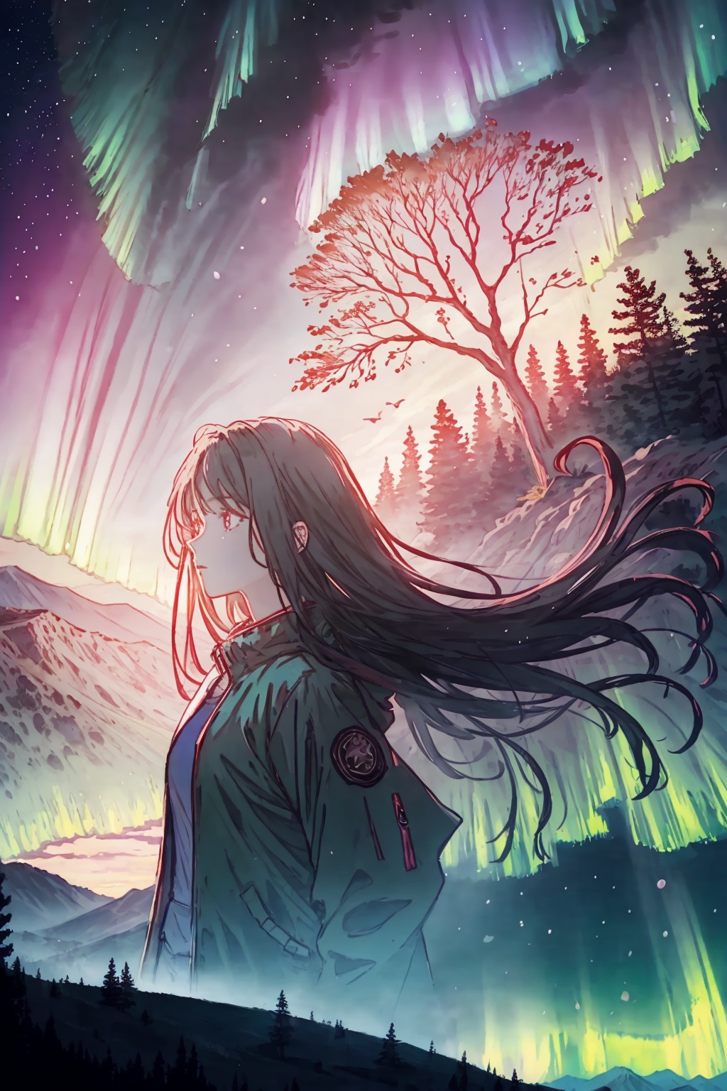 masterpiece,best quality,1girl,long hair,jacket,sky,aurora,Huge glowing tree,Elden Ring,karst,mountain range,plain,<lora:Marker Illustration:1>,