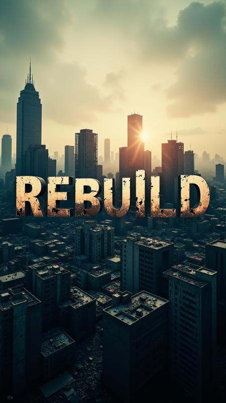 A dystopian movie poster featuring a ruined city skyline,  where broken buildings spell out “Rebuild.” with Text: "Rebuild...