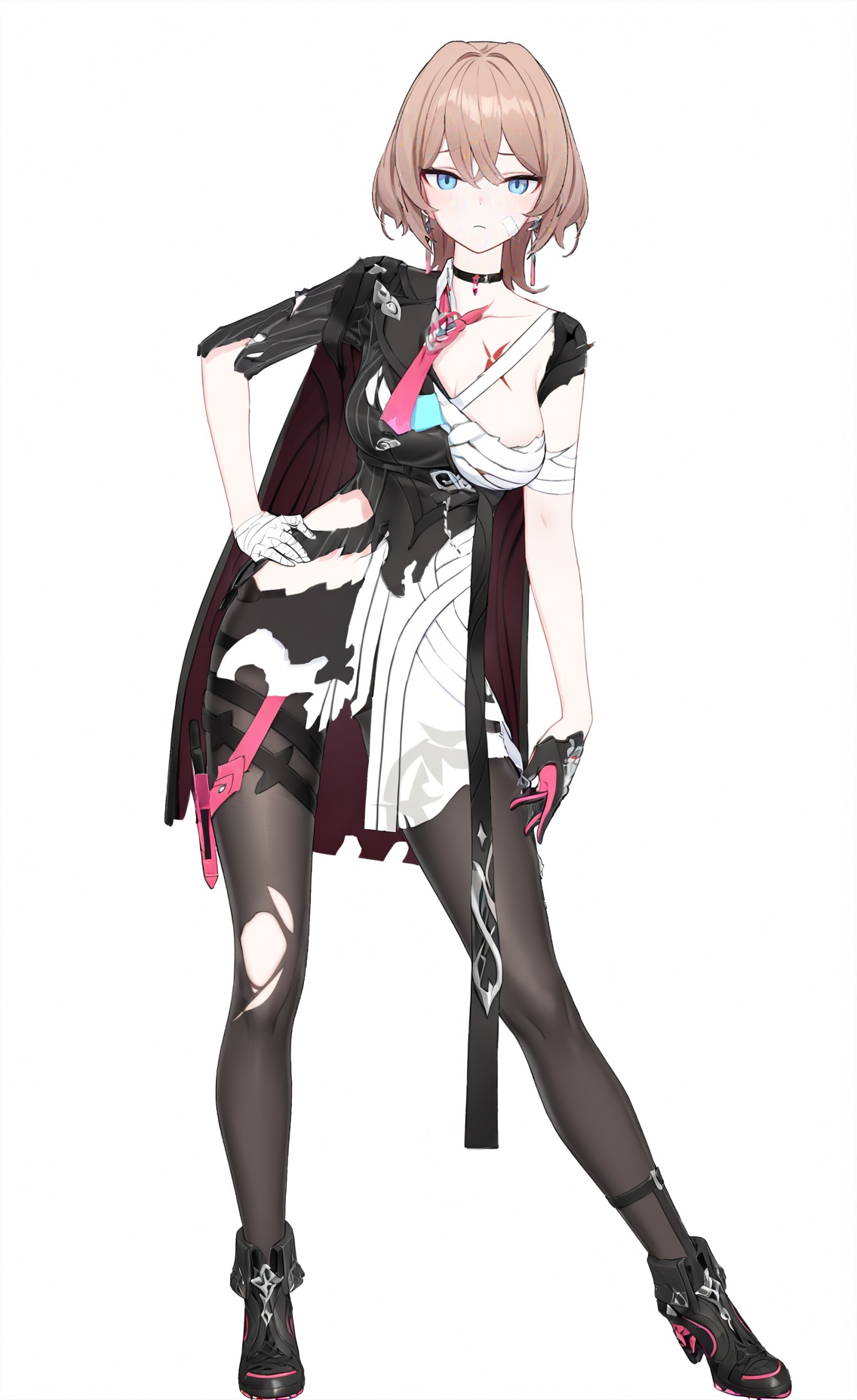 score_9, score_8_up, score_7_up, score_6_up, 8k, 8k, best quality, masterpiece, (ultra-detailed), (high detailed skin), white background, simple background, (full body), (white background), standing, looking at viewer, (solo), hand on hip, <lora:Lantern-A3-Tanger:0.8>, dengsfl, broken clothes, torn clothes, brown hair, 1girl, blue eyes, gloves, bandages, bandaged arm, pantyhose, chokerblack footwear, 