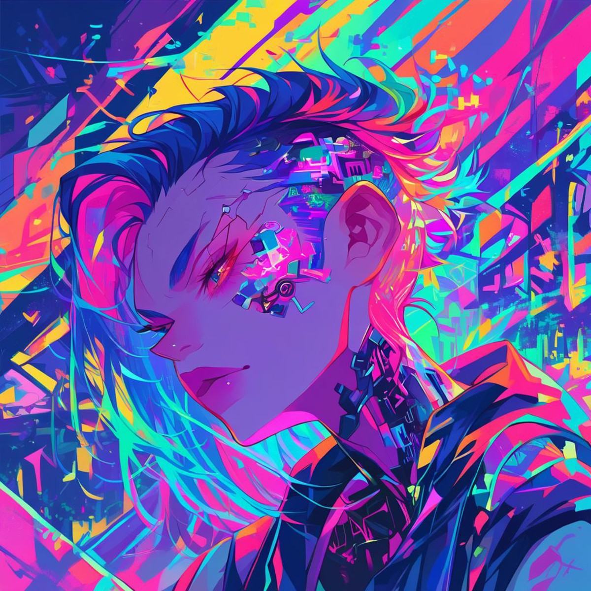 score_9, score_8, score_7,did vaporwave style, 1girl, solo, cyberpunk, colorful,