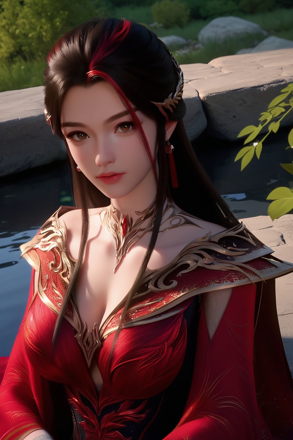 (Seated at a cozy fireside, she wraps herself in a warm blanket, her eyes sparkling with tranquility:1.2),looking at viewer,<lora:XL16神国之上赵襄儿皇服:0.85>,miss zhaoxianger,black corset evening gown with red embroidery,brown eyes,black hair,red streaked hair,very long hair,hair ornament,(large breasts:1.2),tree,flower,pink_flower,water,stone,flowers_Surrounded,pondel,, score_9,score_8_up,score_7_up,score_6_up,score_5_up,score_4_up,3d rendering,tag1,tag2, Cinematic Lighting,backlighting,