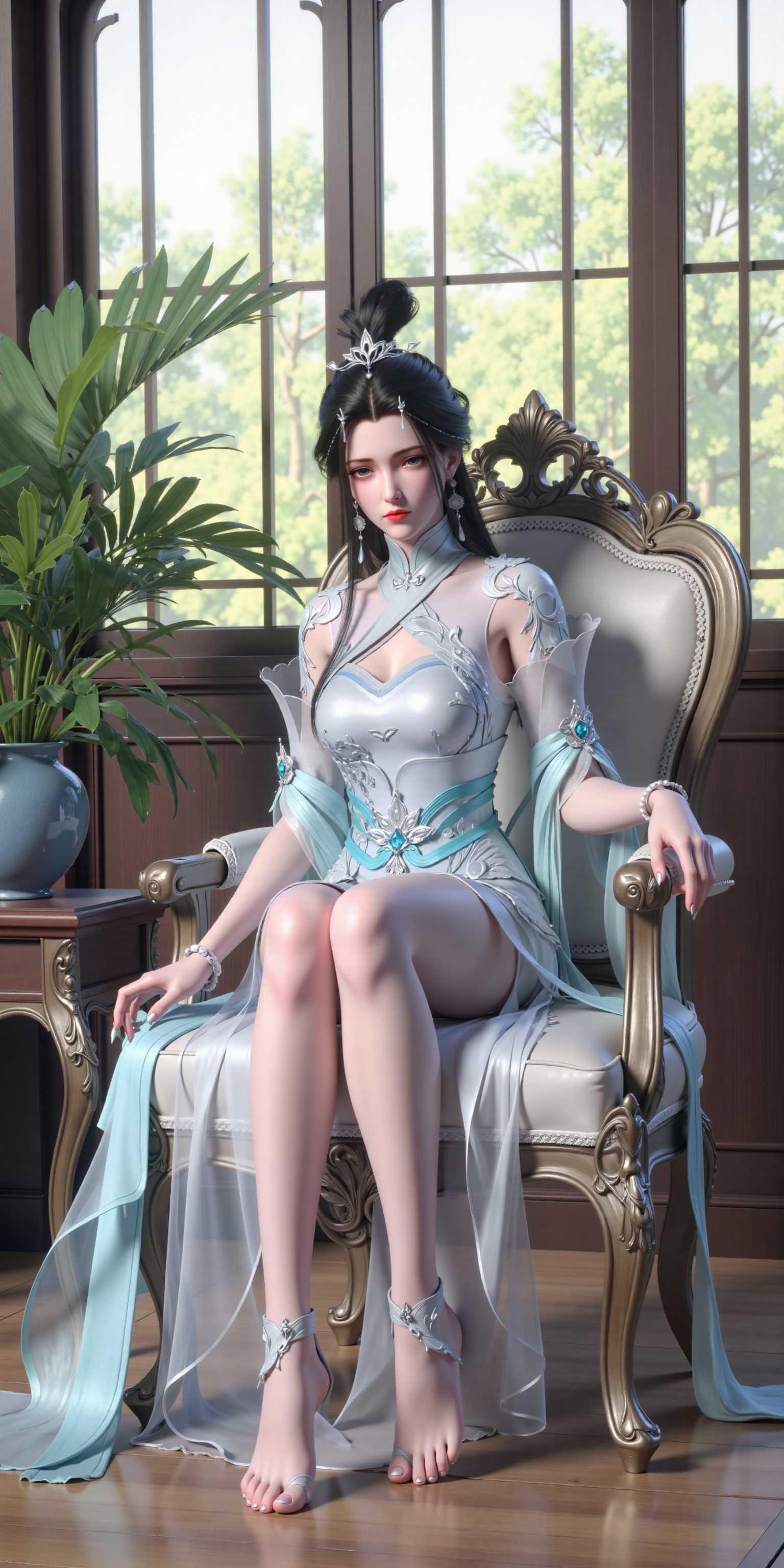xiaoqingxue,A digital illustration of a beautiful woman sitting in an ornate,antique-style armchair with a high backrest. She has long,flowing black hair and is wearing an elaborate,blue dress,dress is adorned with intricate gold embroidery and has a sheer,flowing fabric that drapes over her shoulders and down her sides,left hand on left knee. She has a slender physique and pale skin,with delicate features and a calm expression. The background features a large window with a view of lush greenery,and a potted plant is visible in the corner of the room. The overall style is elegant and sophisticated,with a touch of fantasy,legs were parted,barefoot,licking_lips,legs apart,two feet apart,barefoot,barefoot,