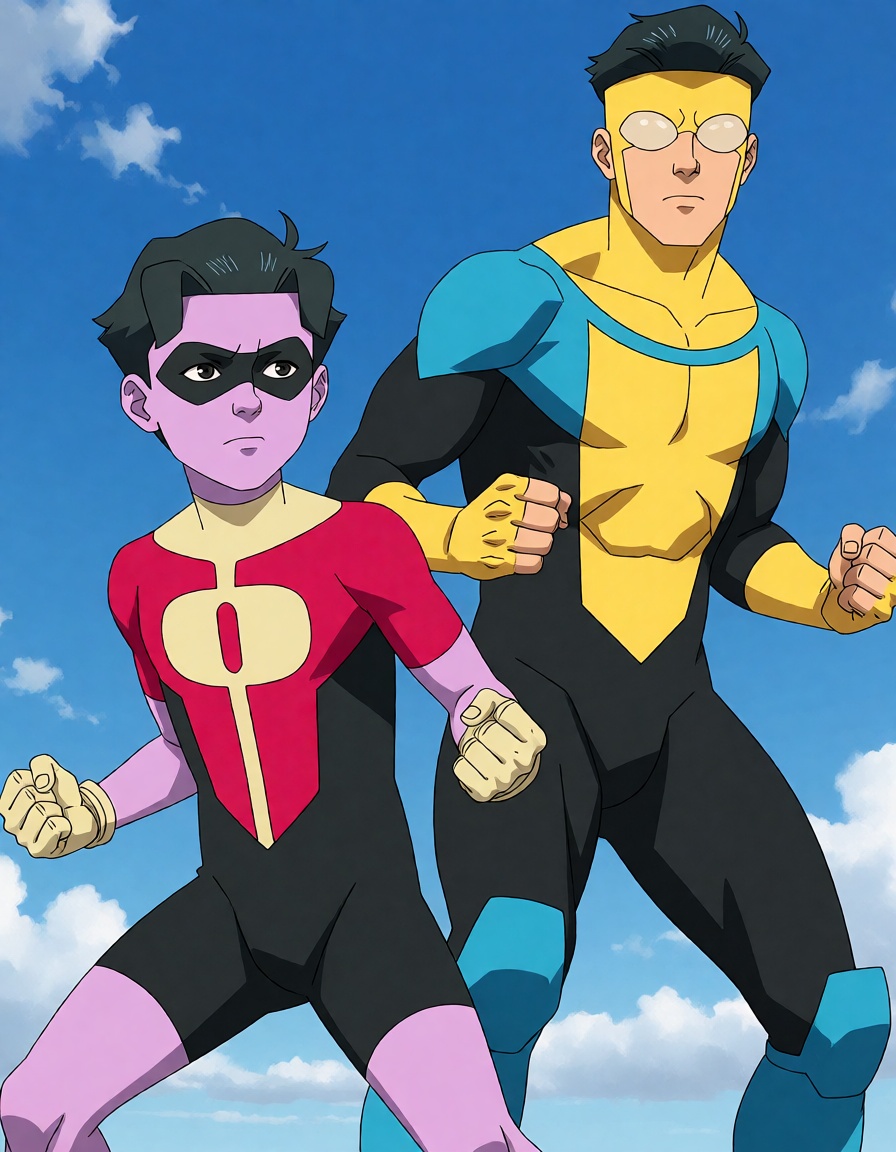 This digital anime-style drawing depicts 2 male superheroes. The one on the left is a young boy with purple skin and black...