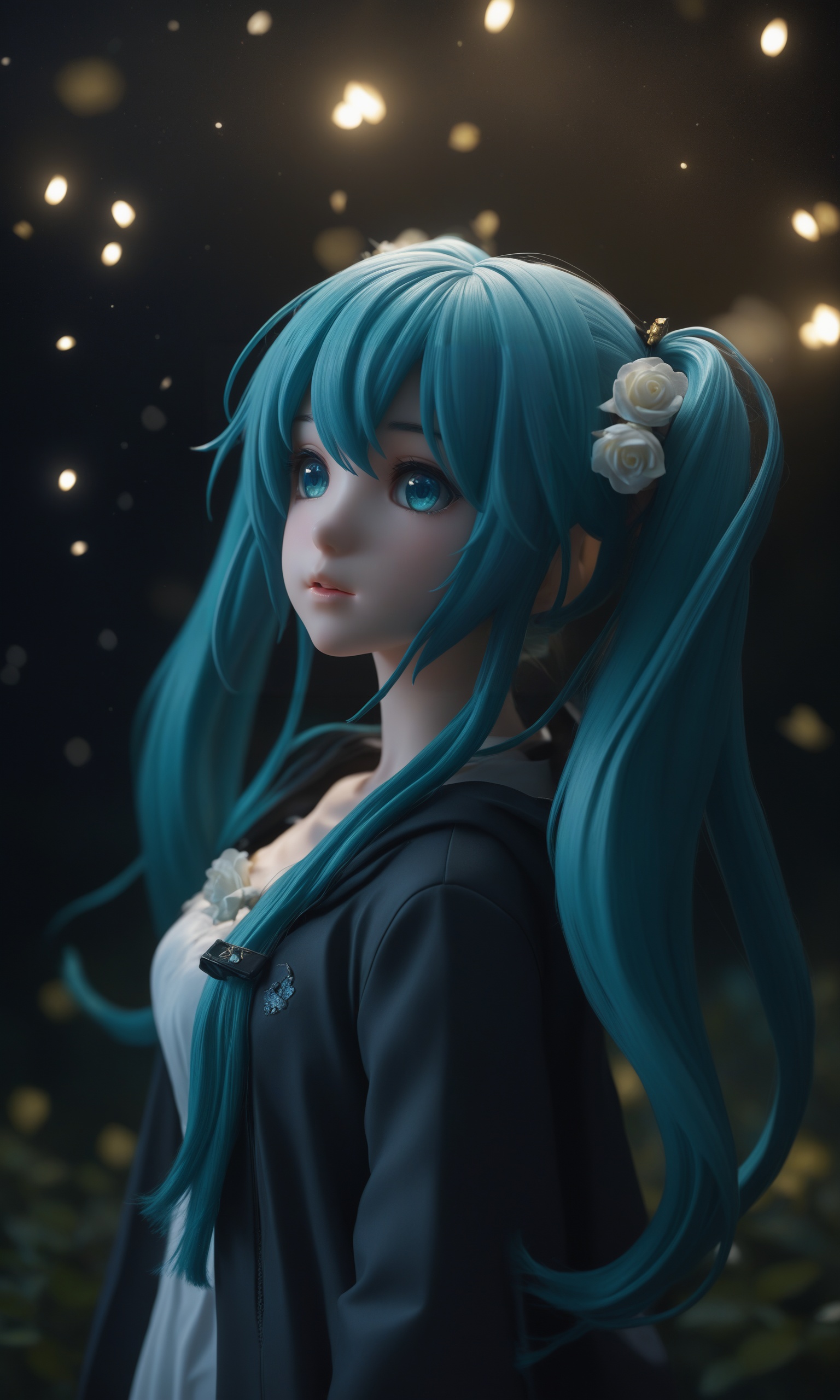 Realistic,Masterpiece,18 - year - old,solo,face focus,masterpiece,best quality,1girl,hatsune miku,white roses,petals,night background,fireflies,light particle,solo,aqua hair with twin tails,aqua eyes,standing,pixiv,depth of field,cinematic composition,best lighting,looking up,