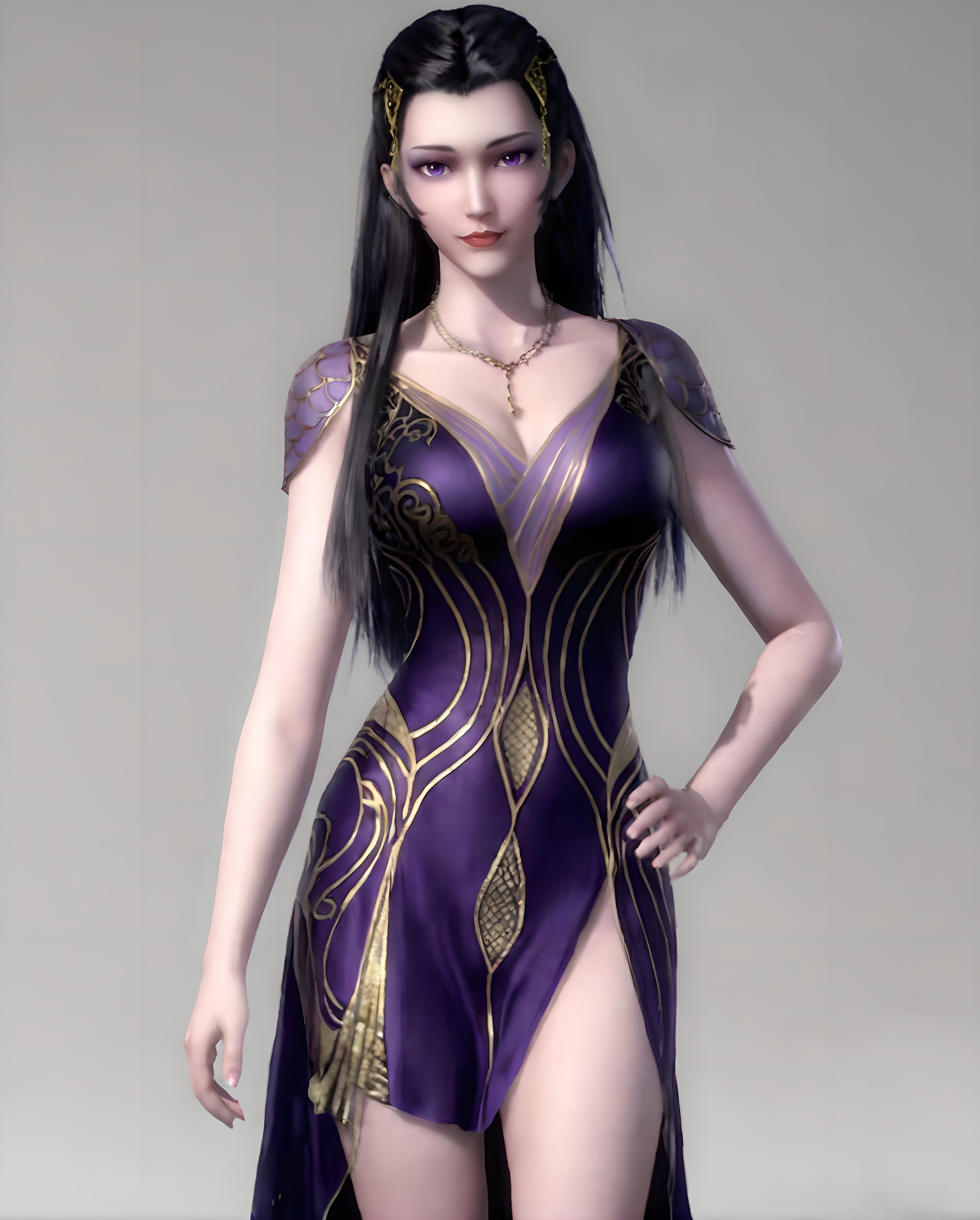 <lora:SF_XinYueKui_Pony_Realism-000003:0.7>,1girl,solo,purple dress,hair ornament,standing,looking at viewer,black hair,long hair,white background,