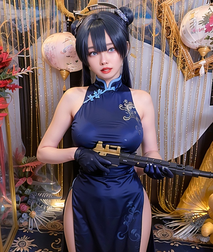 Kisaki qipao,1girl,gun,dress,weapon,solo,standing,china dress,hair bun,double bun,chinese clothes,black hair,gloves,blue dress,looking at viewer,blue eyes,bare shoulders,shawl,lips,hair between eyes,closed mouth,blue gloves,sleeveless,bangs,sleeveless dress,long hair,<lora:Kisaki qipao_20231209000952:0.8>,