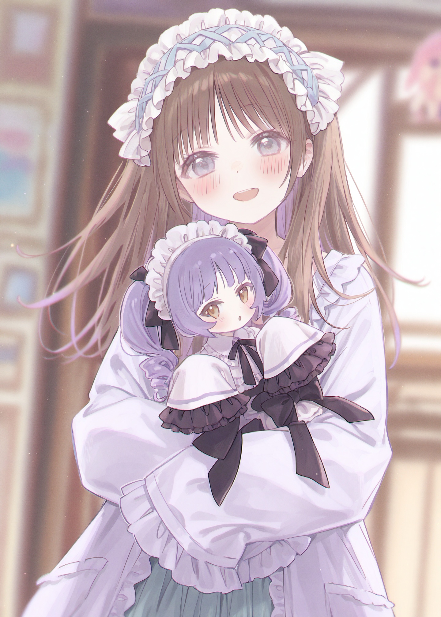 masterpiece,absurdres,best quality,petite,high quality,//,multiple_girls,open_mouth,brown_hair,2girls,long_hair,grey_eyes,purple_hair,sleeves_past_wrists,smile,blush,brown_eyes,looking_at_viewer,sleeves_past_fingers,holding_doll,character_doll,headdress,blurry_background,twintails,dress,doll,//,<lora:梅原生umehara_sei ——【CKXL】hans:0.9>,