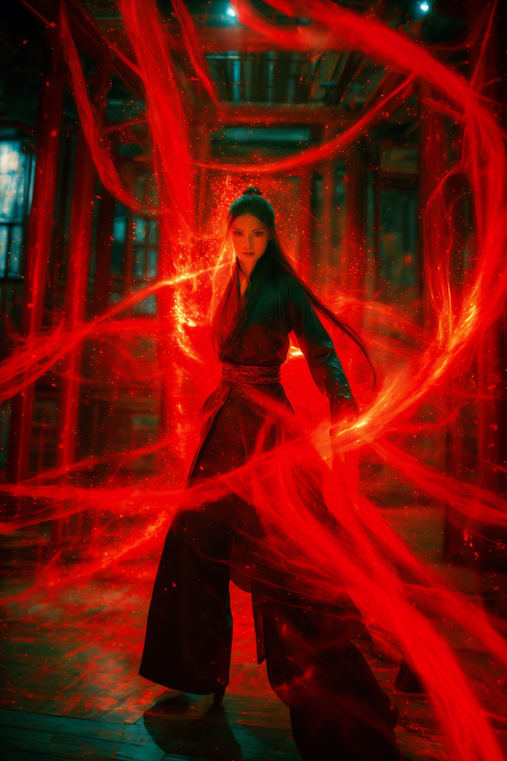 dancing,fighting stance,red-aura,using red-magic,red-magic,1girl,solo,long hair,blue eyes,common face,full body,<lora:magic_fighting_red_512_dreamshaper_8:0.8>,