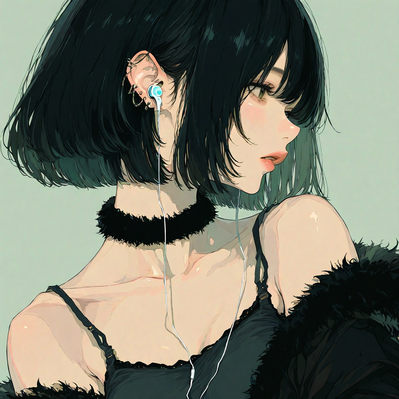 <lora:Tourun ThickPaint Style:0.8>,absurdres,realistic,rim light,wallpaper,best quality,1girl,solo,short hair,choker,earphones,piercing,upper body,black hair,jewelry,earrings,earbuds,jacket,black choker,bangs,ear piercing,looking away,bare shoulders,fur trim,off shoulder,collarbone,black jacket,simple background,fur-trimmed jacket,lips,camisole,parted lips,breasts,looking to the side,bob cut,profile,