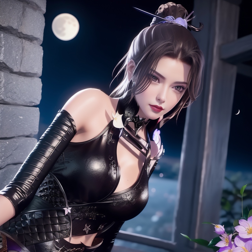 <lora:万界至尊-李雪衣-皮衣:0.8>, (,1girl, ,best quality, ),looking at viewer,  ,,ultra realistic 8k cg, ,masterpiece, (( , )),, realistic,science fiction,mole, ,     ,crescent moon, jasmine \(flower\),     (cleavage),,  (),