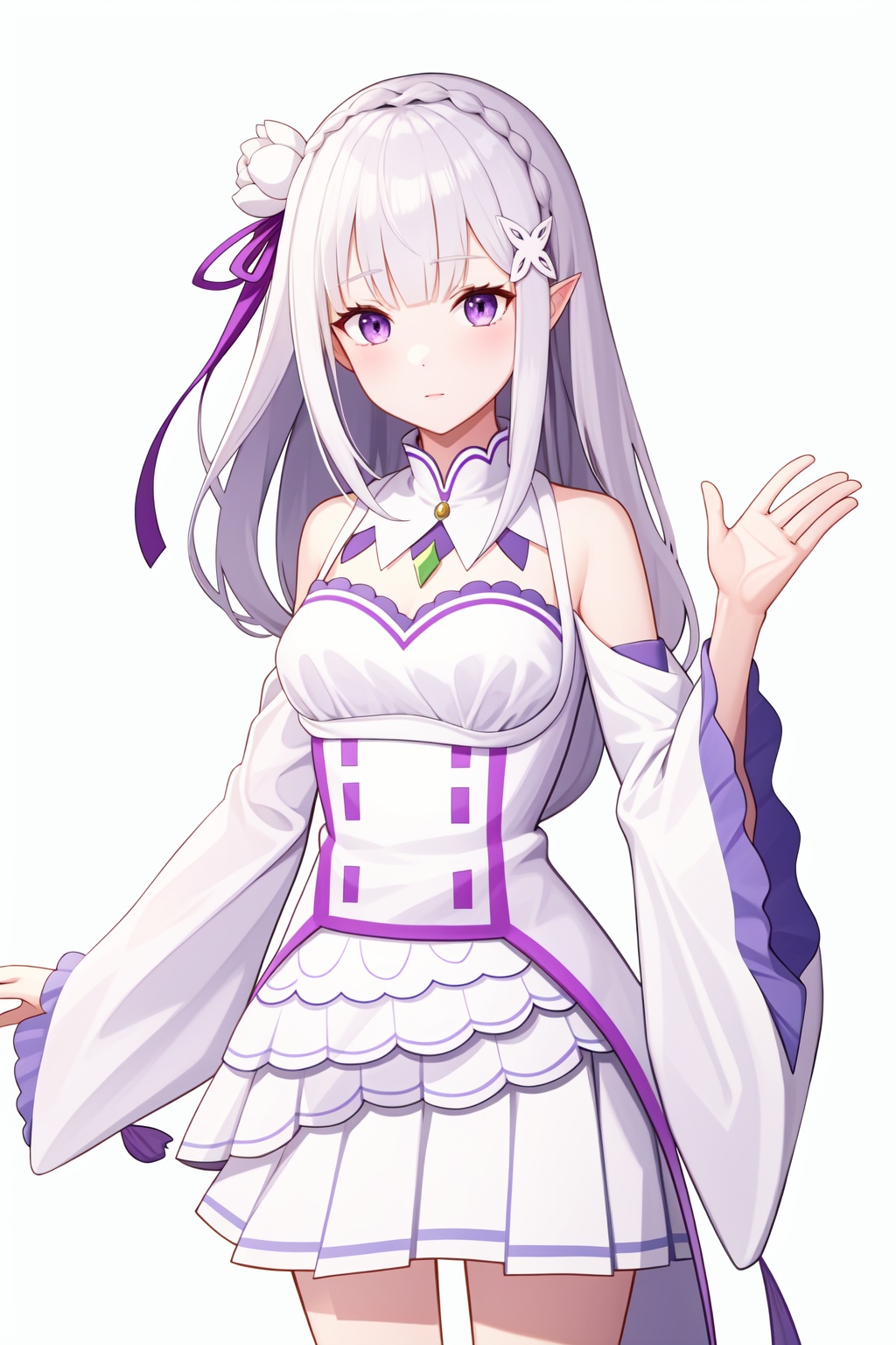<lora:爱蜜莉雅:1>,a girl named emiliare0,emiliare0,1girl,white flower,purple ribbon,detached sleeves,wide sleeves,pleated skirt,white dress,, (masterpiece,best quality,high quality:1.4),absurdres,