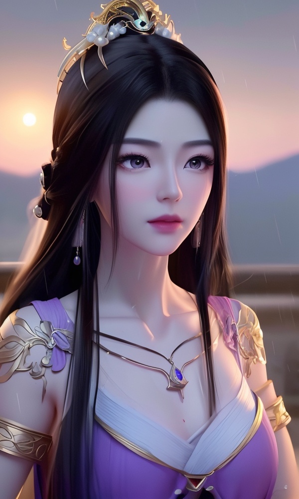 (,1girl, ,best quality, ),looking at viewer, <lora:395-DA-凡人修仙传-紫灵:0.8> ,,ultra detailed 8k cg, ultra detailed background ,ultra realistic 8k cg, flawless,  tamari \(flawless\), professional artwork, famous artwork, cinematic lighting, cinematic bloom, (( , )),, dreamlike, unreal, science fiction,  luxury, jewelry, diamond, pearl, gem, sapphire, ruby, emerald, intricate detail, delicate pattern, charming, alluring, seductive, erotic, enchanting, hair ornament, necklace, earrings, bracelet, armlet,halo,masterpiece, (( , )),, realistic,science fiction,mole,   ,cherry blossoms,,(((Best quality, masterpiece, ultra high res, (photorealistic:1.4), raw photo, 1girl, ,rain, , sunlight, sunset, qianqiu wanxia,     )))  (()), (), , jewelry, necklace, solo, , , , hair_ornament, , earrings,large breasts,,  , ,