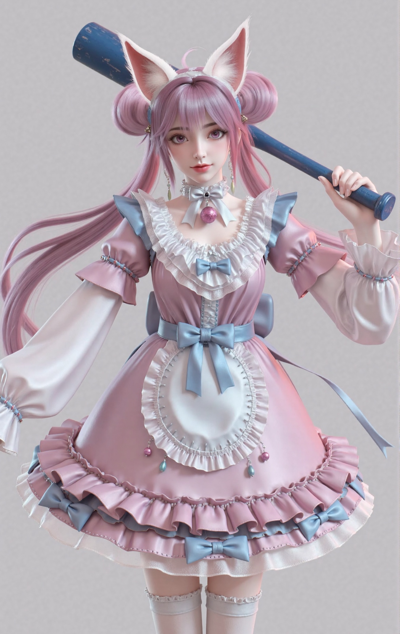 "A digital CG image of Xiaoli,a young woman with long lavender or light purple hair styled in twin buns,sometimes with bangs framing her face. She has large expressive eyes,pale skin,and red lips. Cat ears are either part of her hairstyle or worn as a headband, pink-furred ears. She wears a frilly pink and blue maid outfit which includes a frilly pink and white dress with blue accents,a white lace collar and cuffs,a blue bow at the neck or chest,optional thigh-high stockings,a pink choker with a dangling bell or heart pendant,large silver hoop earrings,and a silver choker with a pink gem. She holds a blue baseball bat over her shoulder with a confident expression. The background is simple,plain gray.",