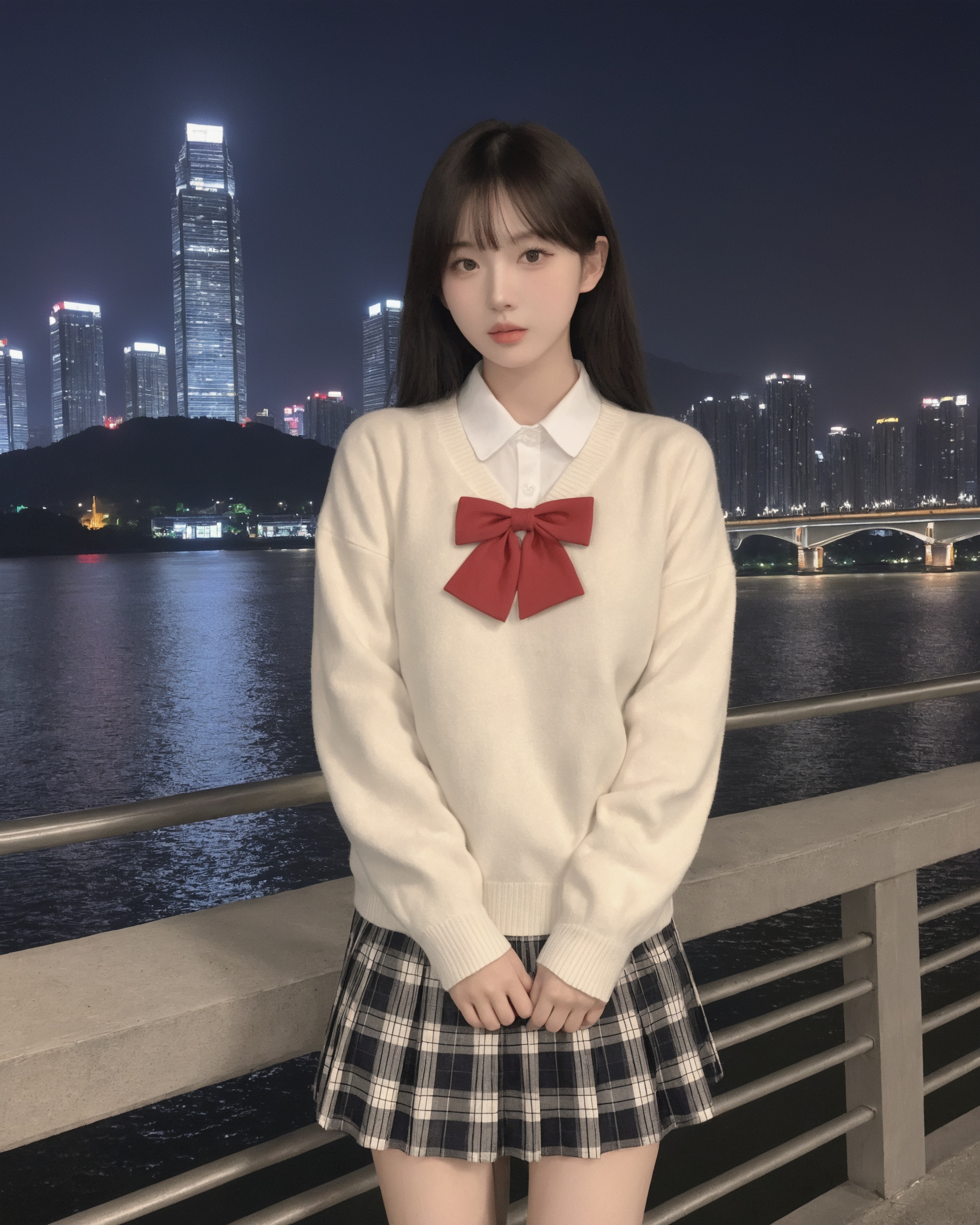scenery,city,building, cityscape,skyscraper, night,city lights,outdoors,bridge,science fiction, water,chongqing,1girl,long hair, black hair, lips, realistic,(tuck-out sweater,sweater pull:1.3), (School Uniforms:1.2), (wear a beige knit-sweater over a white shirt:1.2), (red bow:1.3), (plaid pattern pleated skirt:1.2),large breasts,cleavage, arafed image of a woman,very pretty model, chinese girl, she is korean, lariennechan, 1 8 yo, beautiful asian girl, lovely woman, pretty face, asian decent, slender girl, attractive girl, gorgeous chinese model,photoshop \(medium\), realistic,best quality, high quality,  <lora:xiaohongshumerge:1>