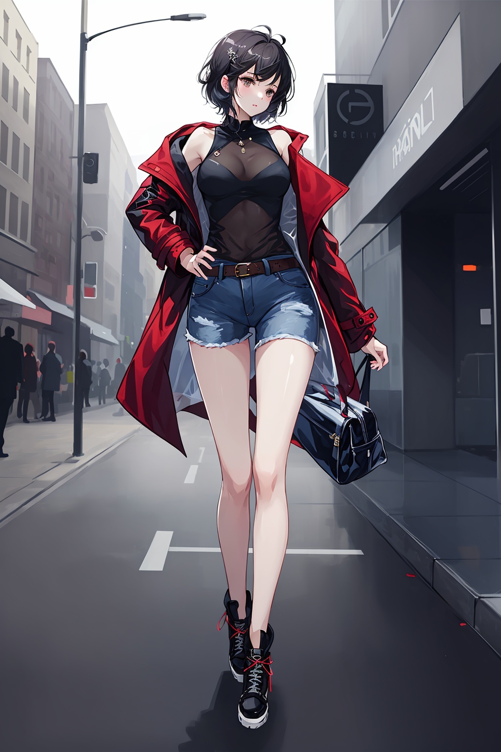 1girl,short hair,short jeans,see through coat,standing in city, full body, <lora:As_Sa:1>, (((masterpiece,best quality))),((good structure,Good composition,good atomy)), ((clear, original,beautiful)),