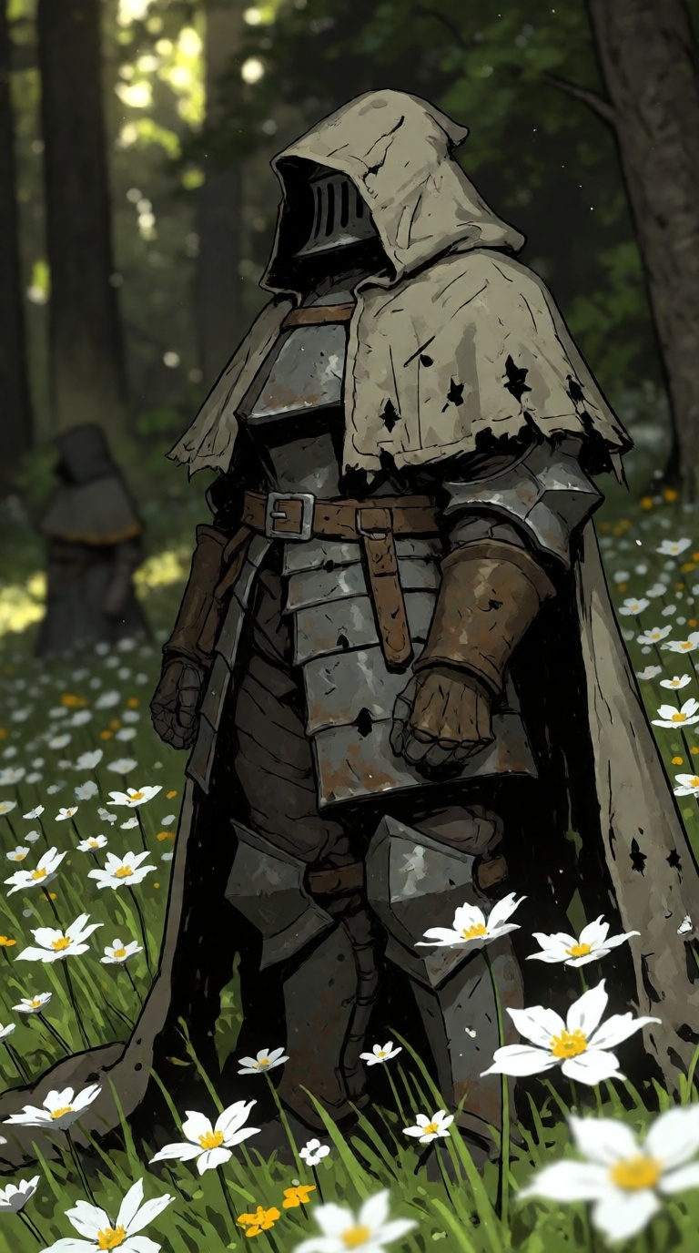 G0ld4r,  a mysterious,  armored figure standing in a serene forest setting. The character is clad in worn on Tensor.Art