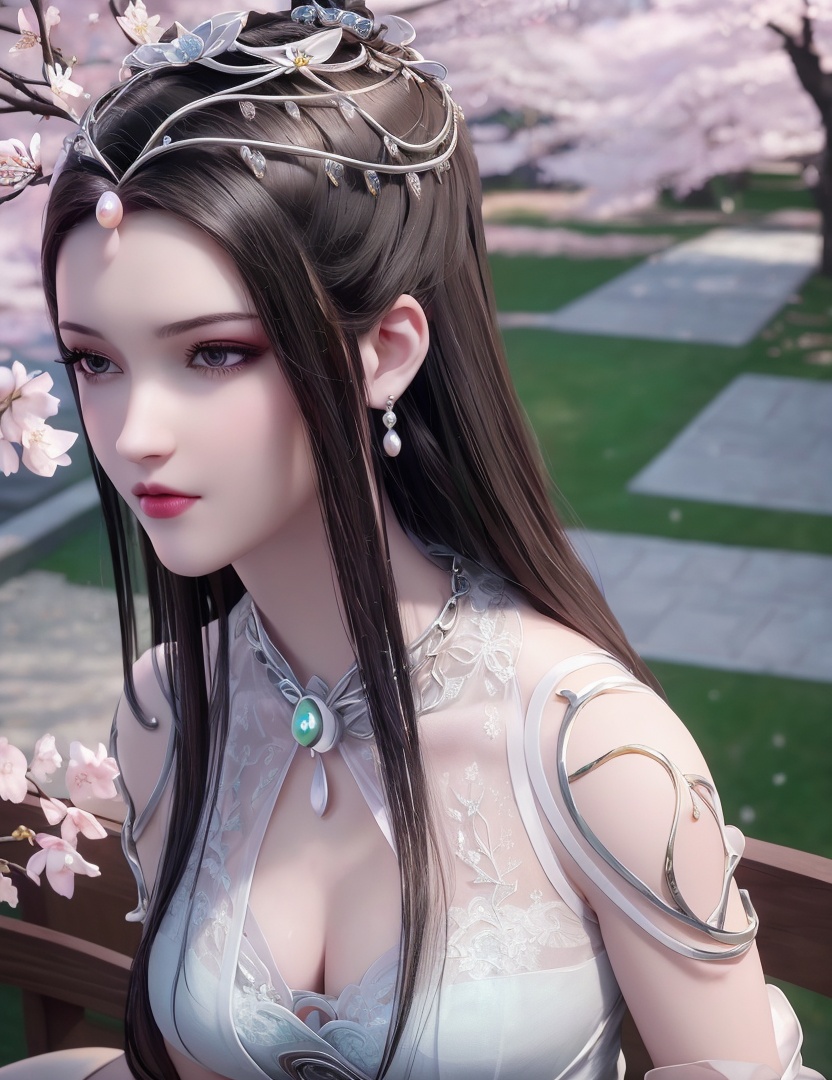 ultra realistic 8k cg, picture-perfect face, flawless, clean, masterpiece, professional artwork, famous artwork, cinematic lighting, cinematic bloom, perfect face, beautiful face, fantasy, dreamlike, unreal, science fiction,   lace, lace trim, lace-trimmed legwear,  (rich:1.4), prestige, luxury, jewelry, diamond, gold, pearl, gem, sapphire, ruby, emerald, intricate detail, delicate pattern, charming, alluring, seductive, erotic, enchanting, hair ornament, necklace, earrings, bracelet, armlet,halo((,1girl, pov,))  , ((((1girl, solo, ,cherry blossoms,outdoors, ))))<lora:DA_LinQingZhu:0.7>
