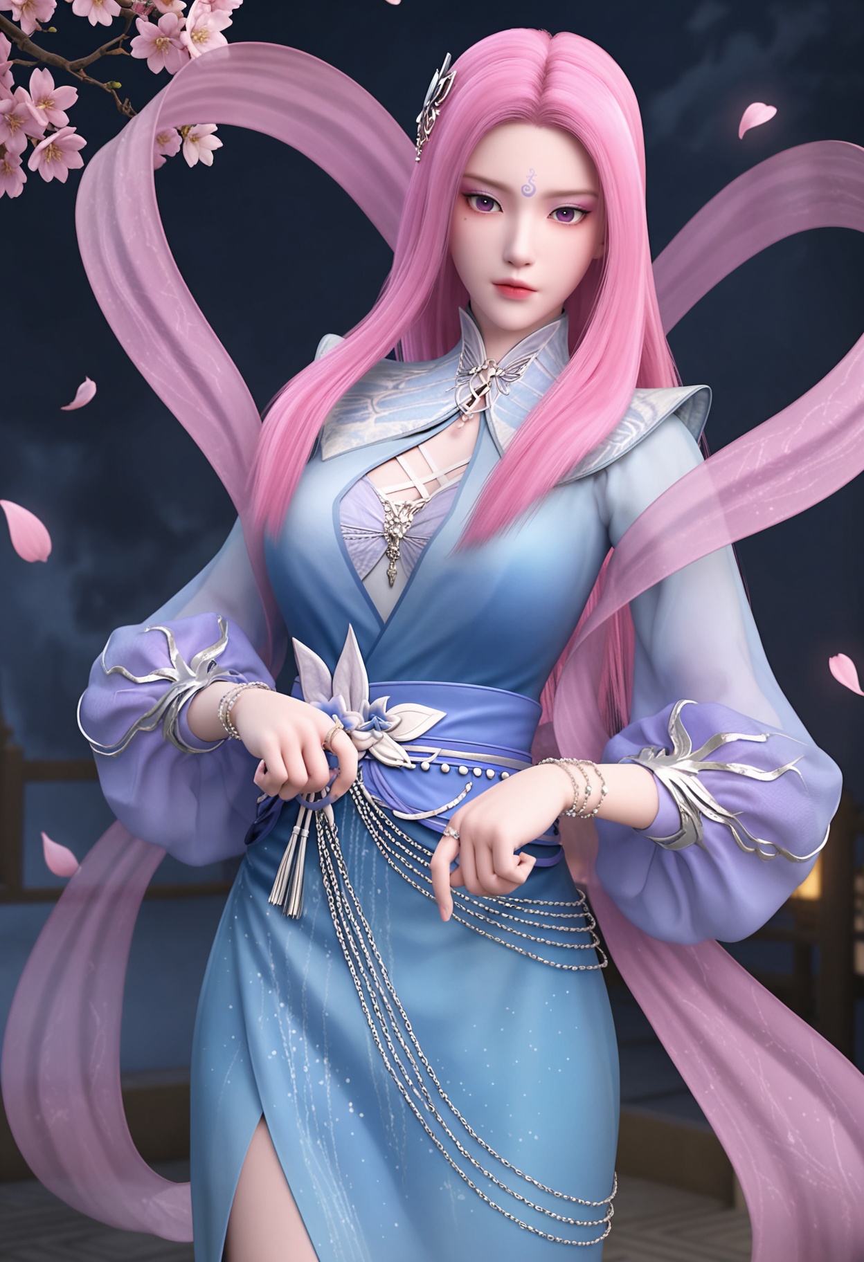 (cowboy shot:1.2),looking at viewer:1.1,masterpiece,(best quality),smog,Dark room,dim lighting,peach blossom,falling petals,<lora:YQ_Illustrious光辉v5_玄月_V1:0.8>,q1528437228,1girl,long hair,pink hair,solo,forehead mark,dress,hair ornament,blue dress,jewelry,sash,purple eyes,bracelet,pink eyes,shawl,long sleeves,hagoromo,