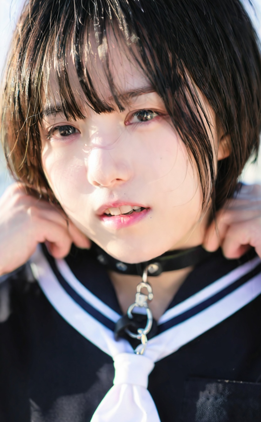 mugglelight, an asian woman with a black tie and a white shirt, 1girl, collar, sailor collar, solo, black hair, looking at viewer, upper body, teeth, short hair, school uniform, leash, strangling, serafuku, shirt, solo focus, bangs, hand on own neck, black sailor collar