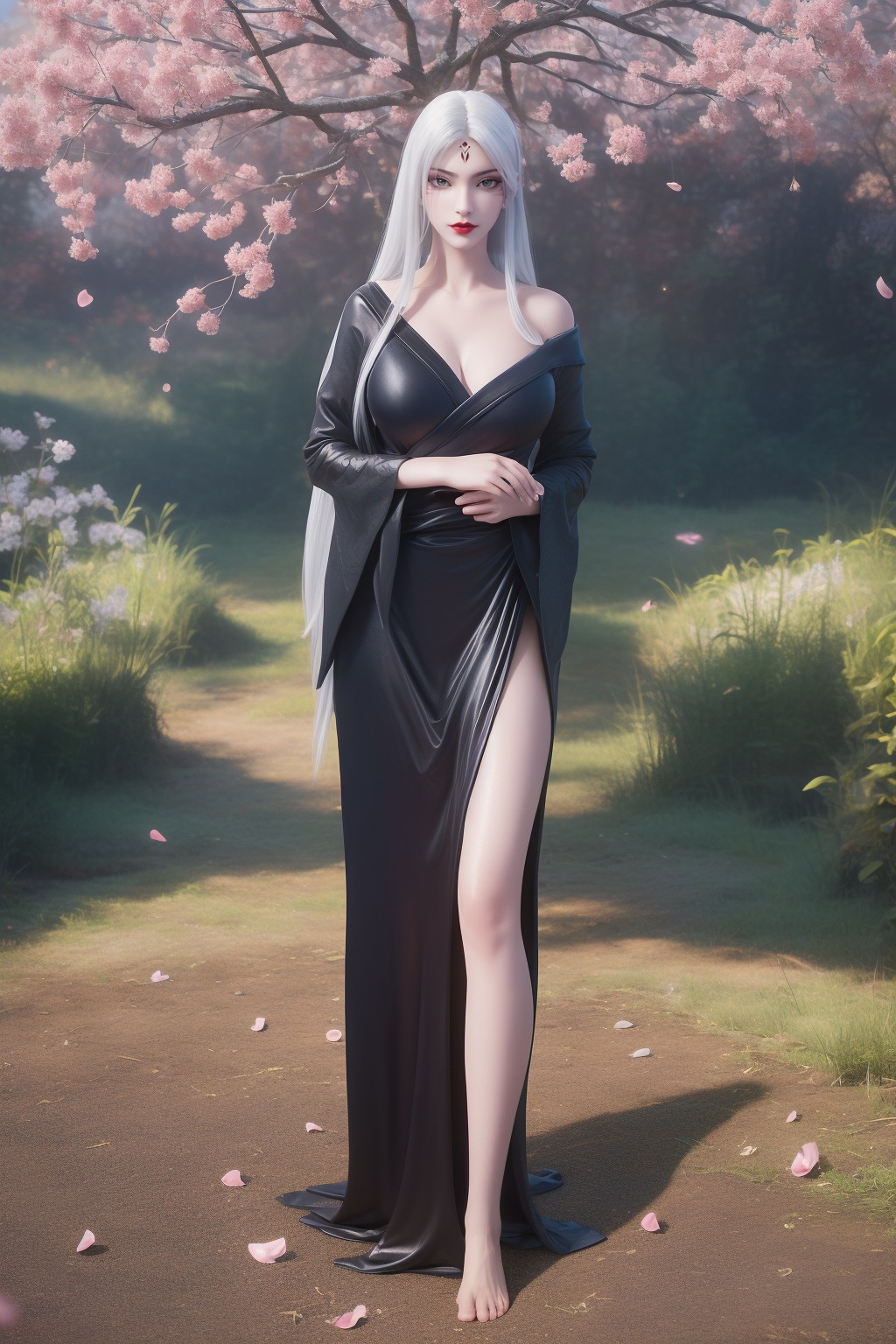 photo_\(medium\),(8k, RAW photo, best_quality),(masterpiece:1.2),(realistic:1.2),(photorealistic:1.3),(ultra-detailed),(extremely_detailed_cg_8k_wallpaper),(crystal_texture_skin:1.3),(shiny:1.2),(shiny_skin:1.4),(extremely_delicate_and_beautiful),petals,flower,sky,cherry blossoms,falling petals,fair skin,shenfengXiaoBai,white clouds,shenfengnsfw,1girl,solo,dress,black dress,torogao,red lips,breasts,large breasts,white hair,japanese clothes,standing,jewelry,hair ornament,earring,realistic,looking at viewer,barefoot,<lora:shenfengXiaoBai_20240728124202-000004:0.7>,landscape,full_shot,