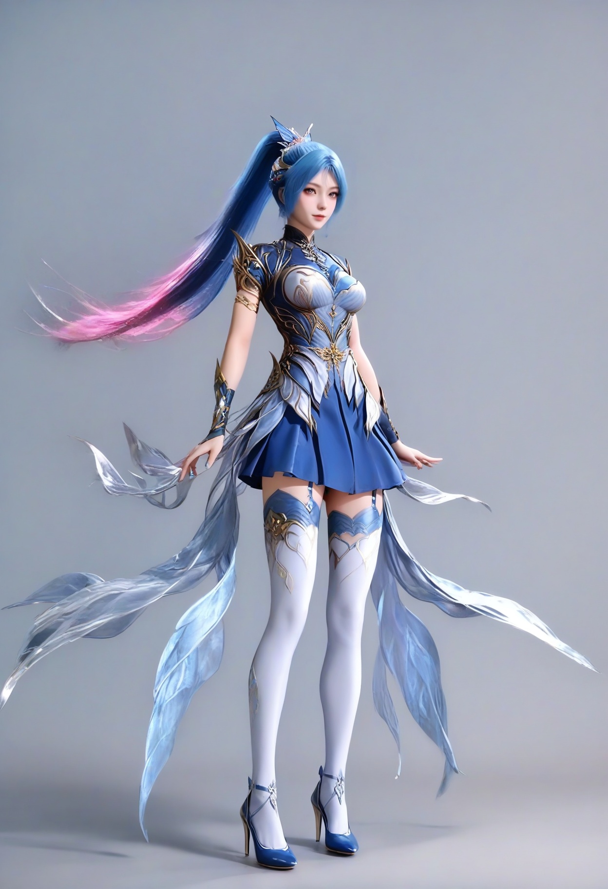 air_skin,white_skin,score_9,<lora:SF_WangQiuErArmor_Pony_Realism2.3-000003:0.7>,dress,hair ornament,blue  hair,ponytail,multicolored hair,1girl,breasts,medium breasts,thighhighs,blue skirt,solo,standing,looking at viewer,simple background,full body,high heels,