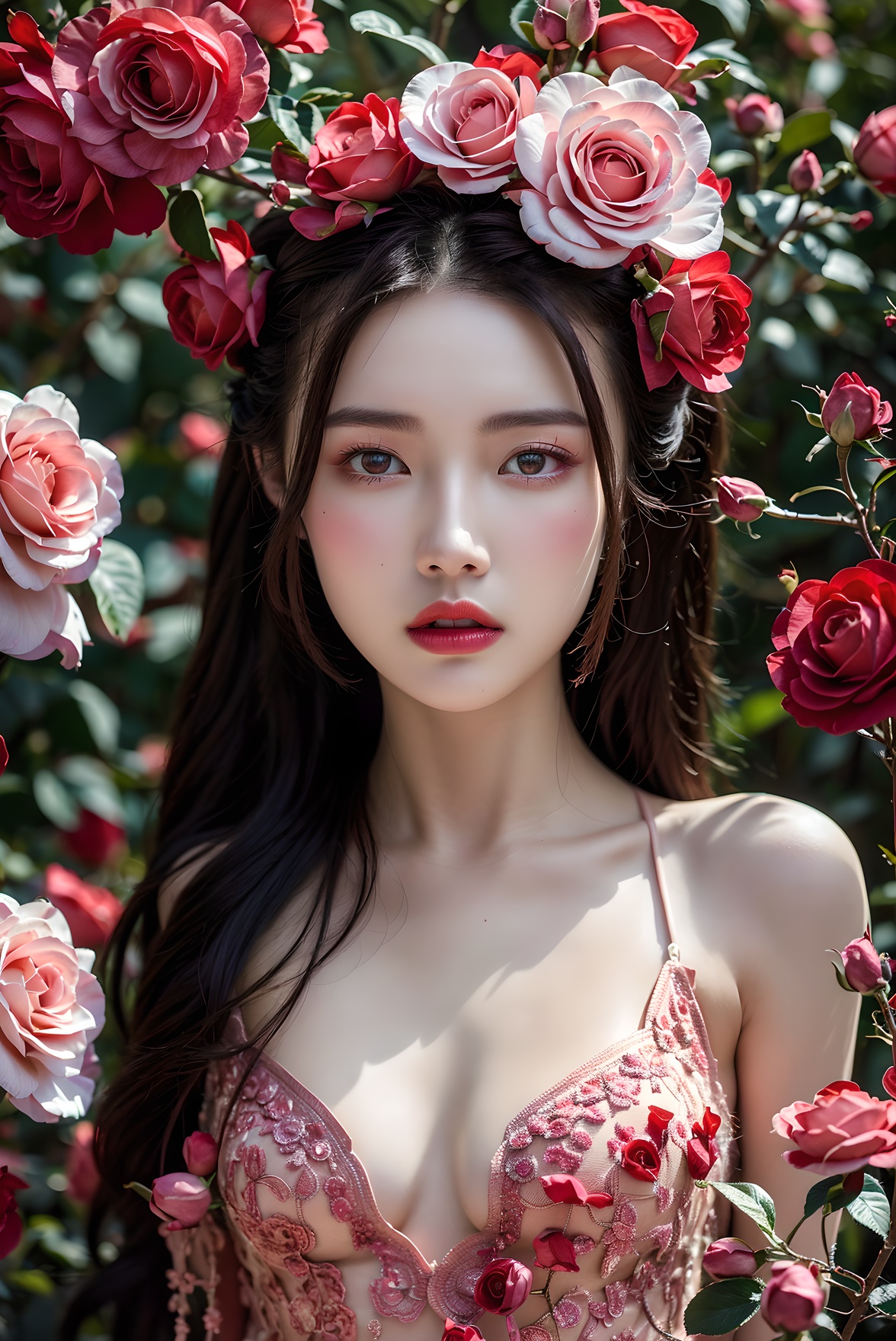 1girl,flower,solo,(Photography blockbuster:1.6),(masterpiece1.2),(8k:1.4),rose,looking at viewer,makeup,red lips,long hair,red flower,petals,red rose,brown eyes,pink flower,lips,collarbone,lipstick, <lora:rose fashion:0.6>,